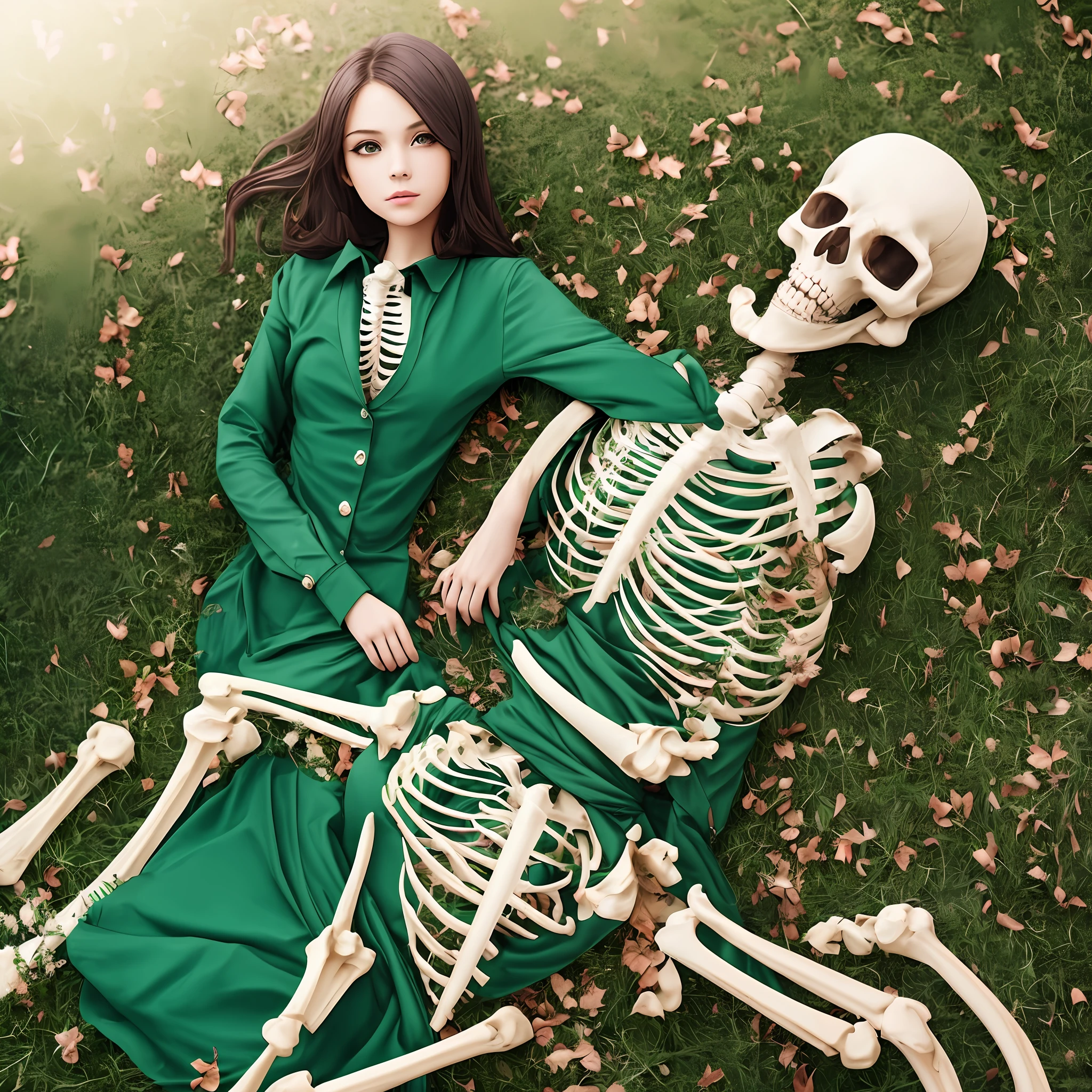 a pretty girl,Half of the body is a girl, and the other half is a skeleton,Dressed in green --auto