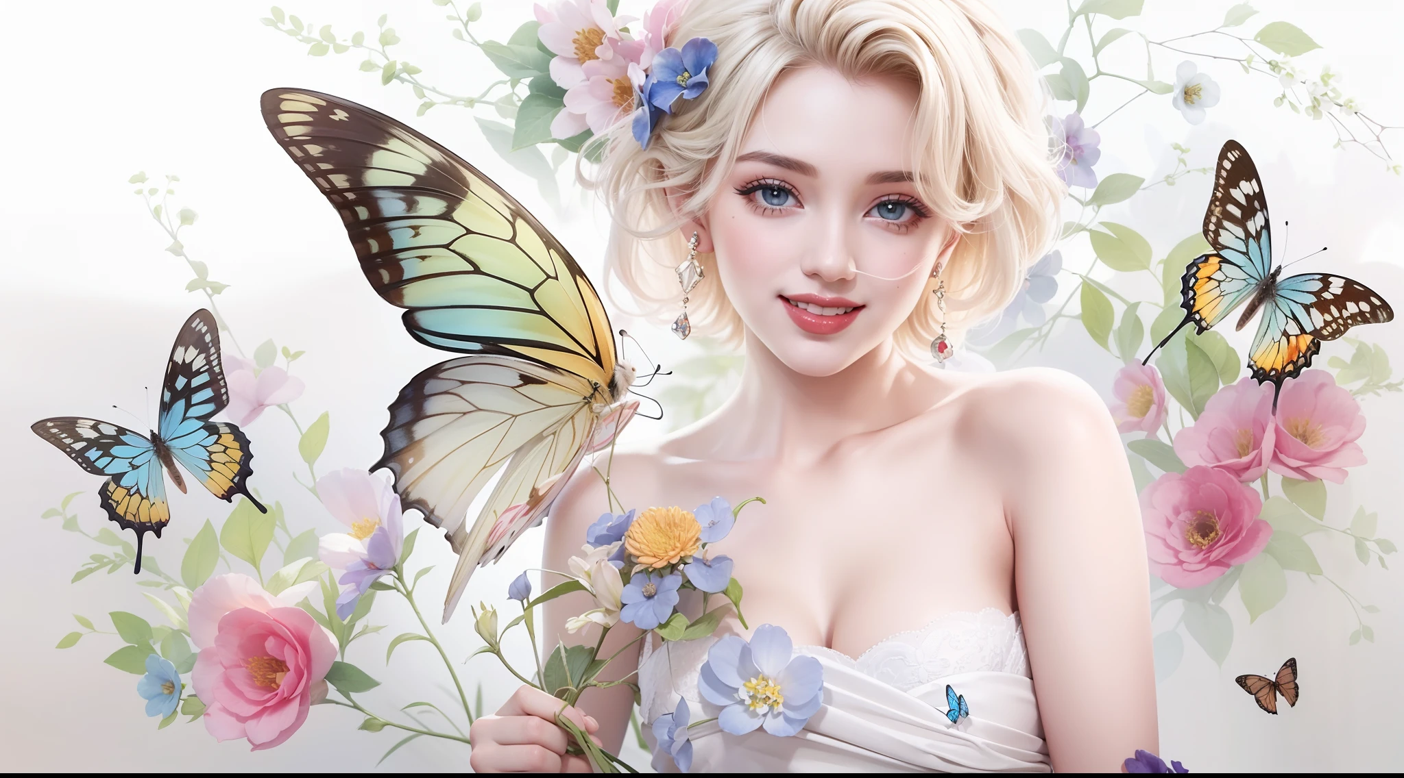 Marilyn Monroe stechu , posing on the groung ,full body, sexy lingerie, (white background:1.4), off shoulder, ((tachi-e)), original,(illustration:1.1),(best quality),(masterpiece:1.1),(extremely detailed CG unity 8k wallpaper:1.1), (colorful:0.9),(panorama shot:1.4),(solo:1.2), (ink splashing),(color splashing),((watercolor)), clear sharp focus,{ 1girl standing },,flower background, outdoors, lilyes, butterflies, looking at viewer, make happy expressions,soft smile,pure,beautyfull detailed face and eyes,beautyfull intricacy clothing decorative pattern details, black hair,black eyes,colorwater