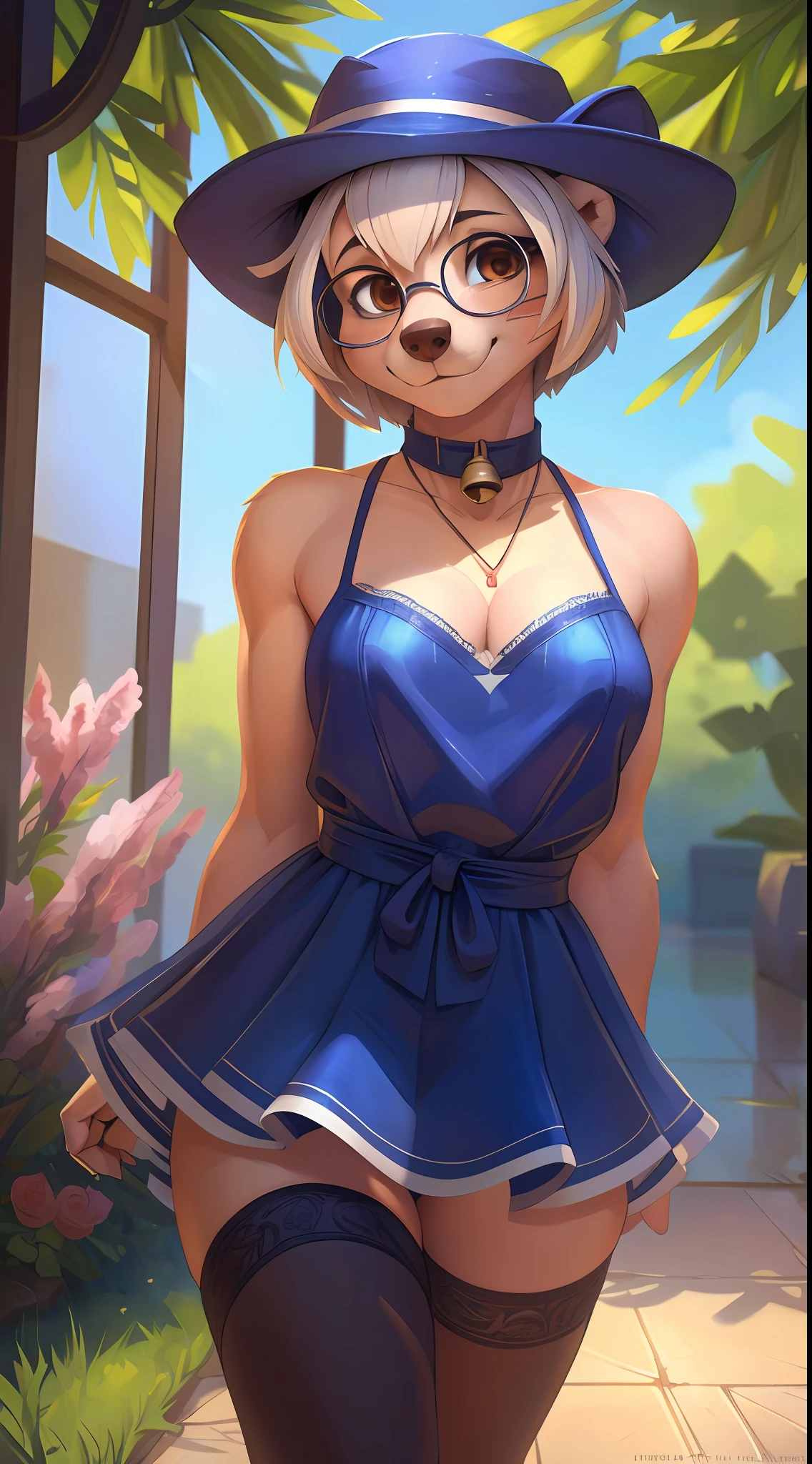 uploaded on e621, by Pixelsketcher, by Bayard Wu, by Thomas Benjamin Kennington, by Einshelm, solo, bear_anthro, (shylilyfirst, bell, facial mark, rounded glasses) smiling, standing, ((sexy pose)), house, day, cute, blue hat, blue dress, black stockings, necklace, lace, white short hair, white hair, brown eyes, nike blue sneakers, shy, blush, looking at viewer, ((fullbody portrait)), blue lighting, (backlighting), (cinematic lighting), illustration, Fujifilm, depth of field, bloom, Fujicolor, reflection light, ray tracing, masterpiece, high quality, highres, 4K, best quality