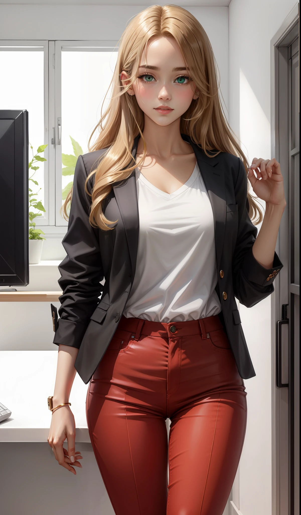 a woman in a white shirt and red pants is playing video game, simple style, wearing elegant casual clothes, muted red, simple clothes, milk and red style, casual clothing style, modern fashion outfit, wearing a fisher , casual modern clothing, inspo, red clothes, red pants, neutral tones, rred and white color scheme, casual business outfit, cute face, nike shoes, 17 years old, adult face, long hair, ((golden brown hair)) and gleaming bright detailed emerald green eyes