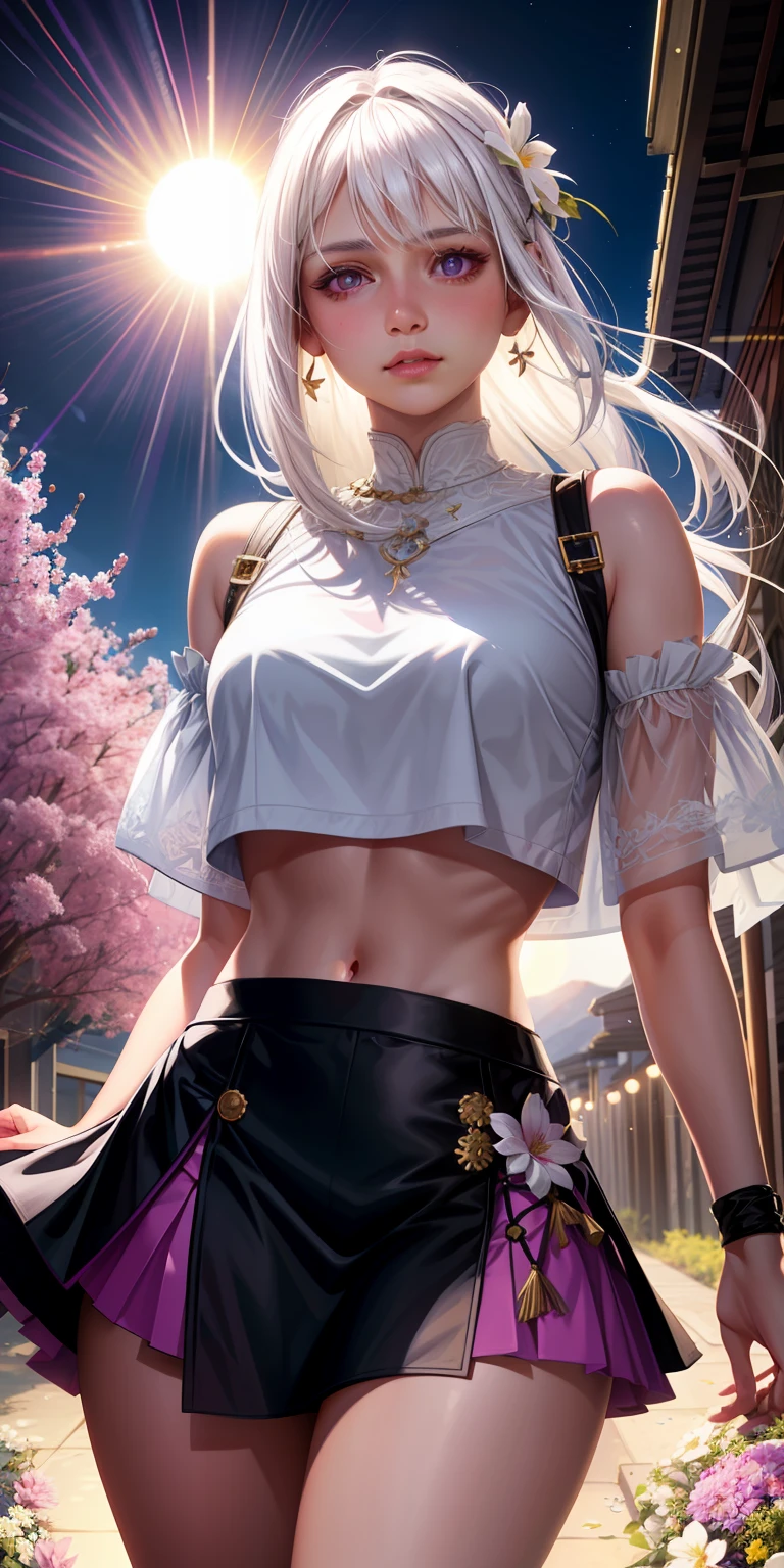 realistic, 1girl, white hair, purple eyes, glowing eyes, crop top, skirt, parted lips, blush, night, flowers, sun, sunlight,