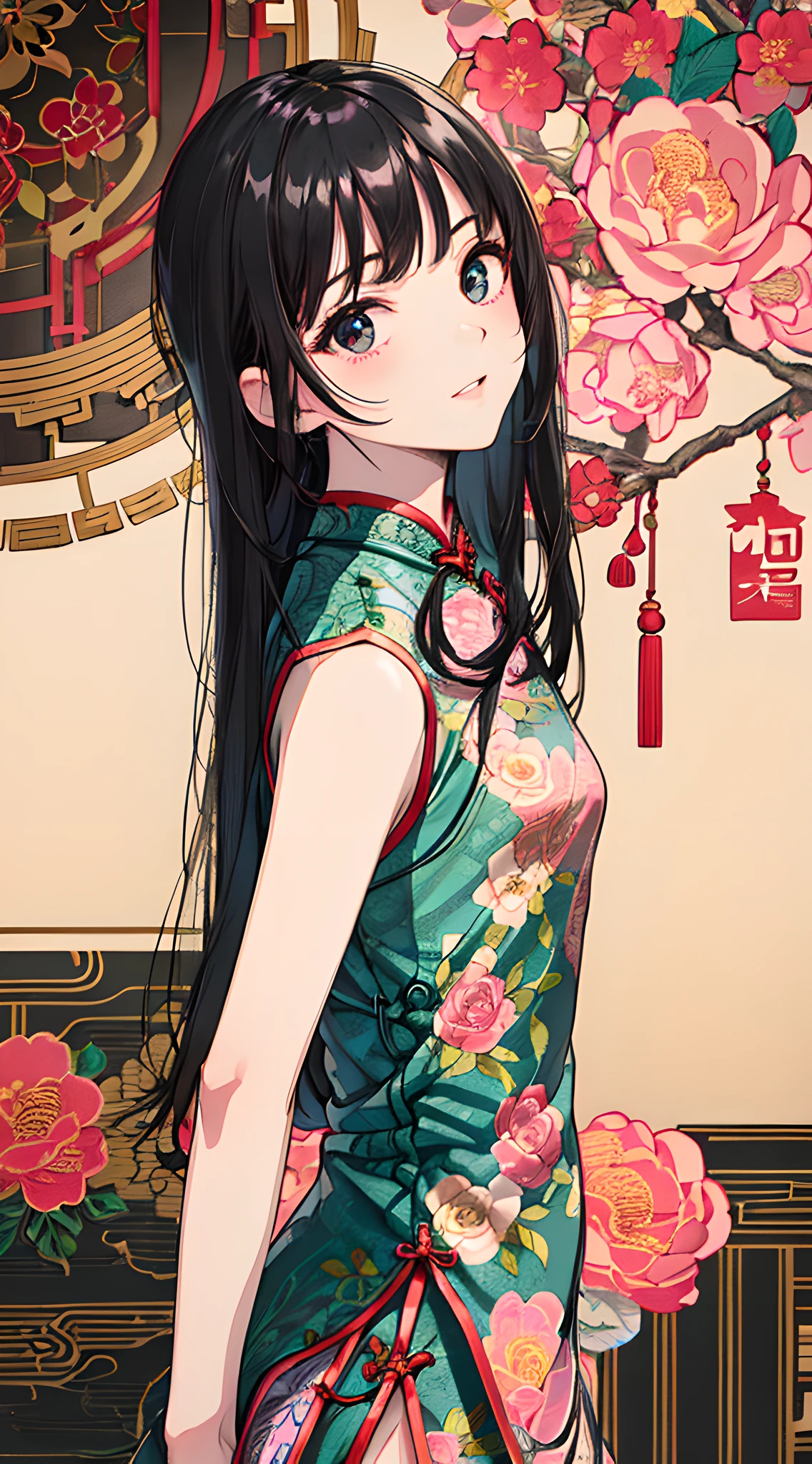 (light pink tight cheongsam, cinch waist, upper body:1.3), (masterpiece, best quality:1.5), side shot, arch back, elegance pose, 8k, official art, raw photo, incredibly absurdres, (detailed floral printed pattern on cheongsam:1.6), asian oriental floral background, looking at viewer, thin arm, thin waist, thighs, film grain, chromatic aberration, sharp focus, facelight, (smile:0.6), clear lighting, detailed eyes and face, (black long hair:1.4)