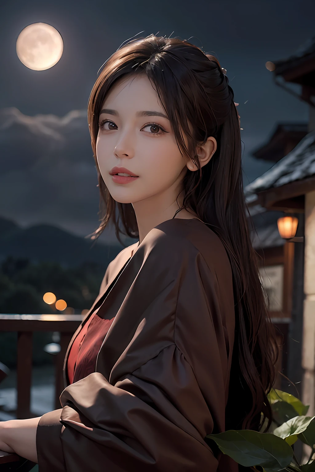 1girl, blurry, blurry_background, brown_eyes, brown_hair, depth_of_field, earrings, flower, full_moon, hair_flower, hair_ornament, lips, looking_at_viewer, moon, moonlight, night, night_sky, outdoors, red_flower, red_moon, sky, solo