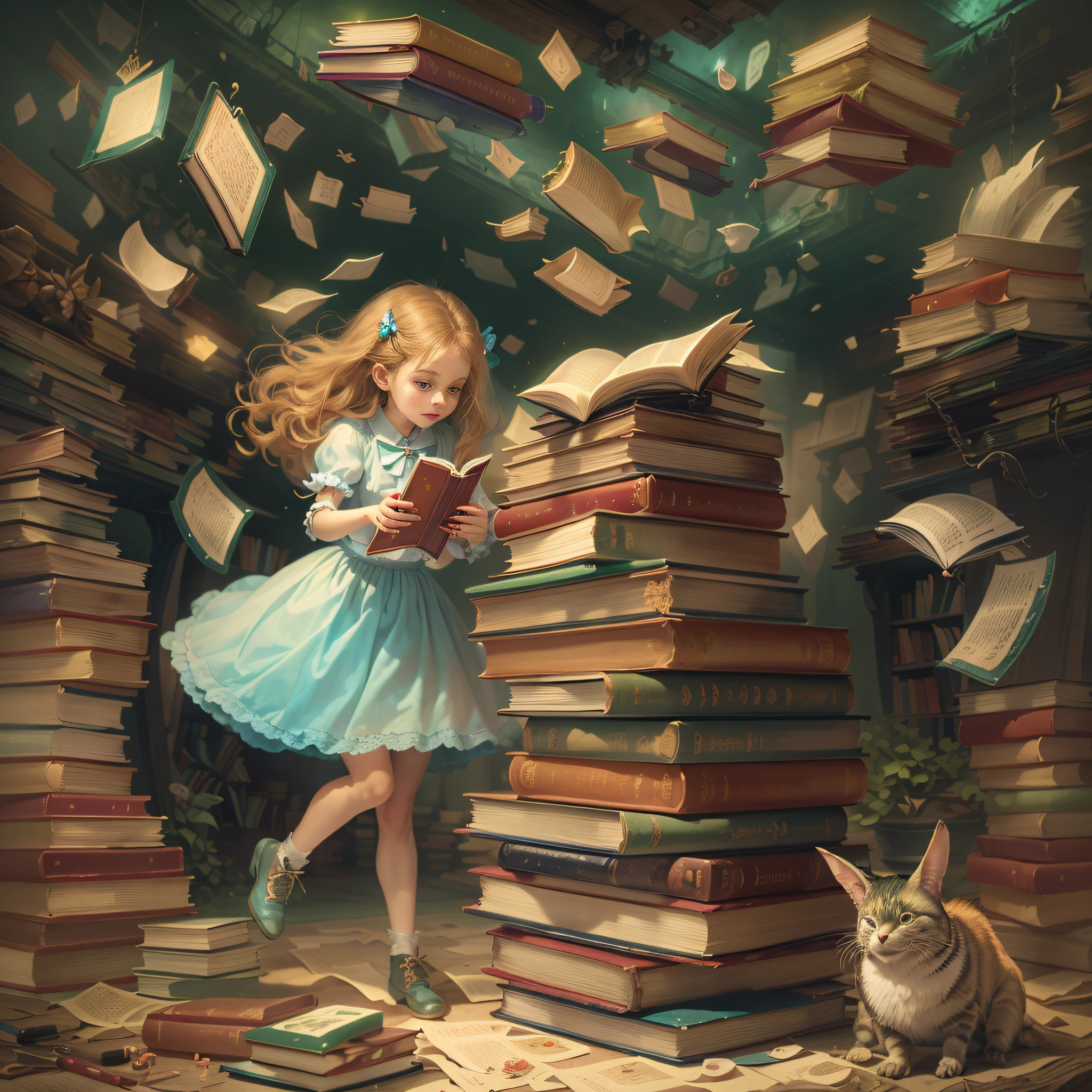 (Imagination:1.5), Dream, 1Girl, Only One Girl, Solo, (Jumping Up:1.0), (Full Body:1.5), (Reading a book: 1.7), (Realistic book shape: 1.7), natural book form, (Many books:1.5), (5fingers in total: 1.2), (2 arms:1.7), (2 legs:1.7), 5fingers, complete 5fingers, natural 5fingers, Natural nail shape, (natural nails: 1.2),(Alice in Wonderland:1.1)