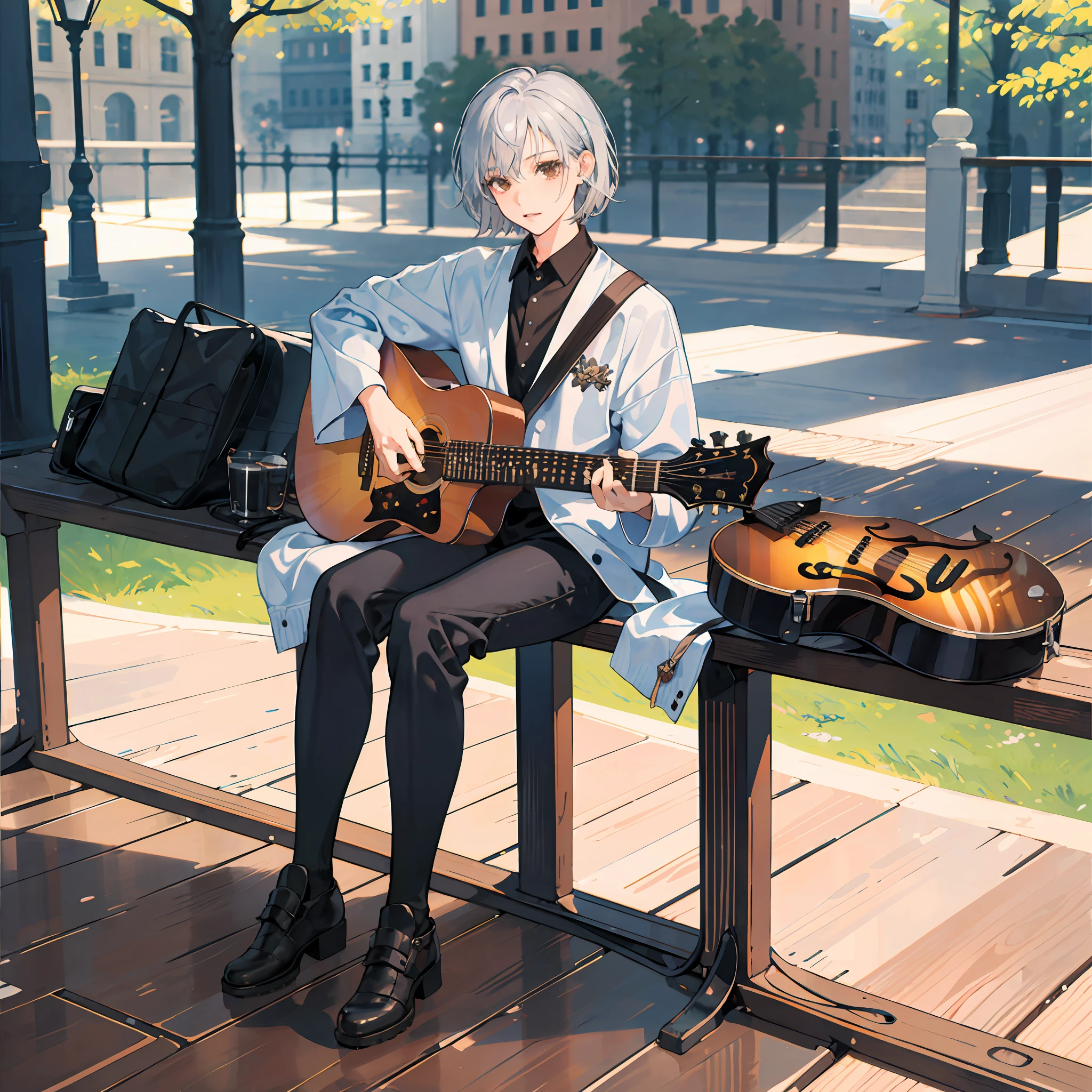 masutepiece, Best Quality, ultra-detailliert, realistic illustration, light silver hair, short hair. musician sitting on the railing in the park, simple touch, whole body, slender, ((Full Body Portrait)), brown eyes, Guitar