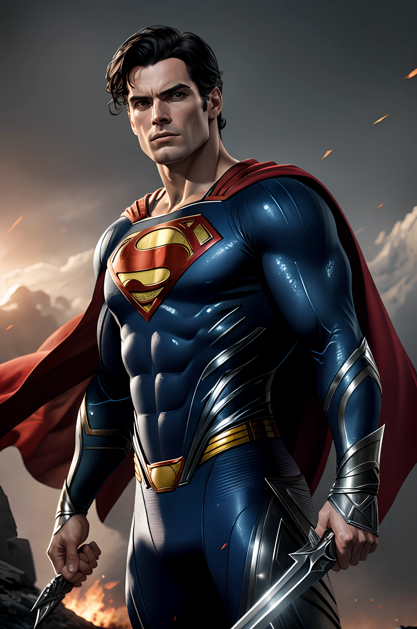 (8k, RAW photo, best quality, masterpiece:1.2), ultra detailed, official art, photo-realistic:1.37, upper body shot, Superman WITH A SWORD film grain, action pose