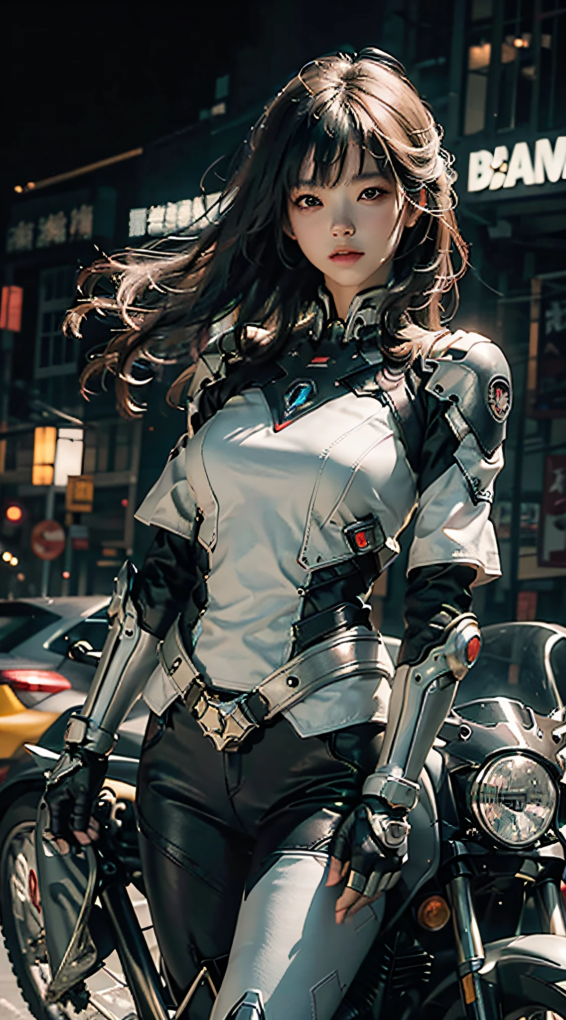 Highest image quality,Outstanding details,超高分辨率,(Fidelity:1.4),The best illustration,Favor the details,Highly cohesive 1girl,He has a delicate and beautiful face,The body of a silver-gray mech,Hold the direction controller,Riding on a motorcycle,The background is a high-tech lighting scene in the future city。