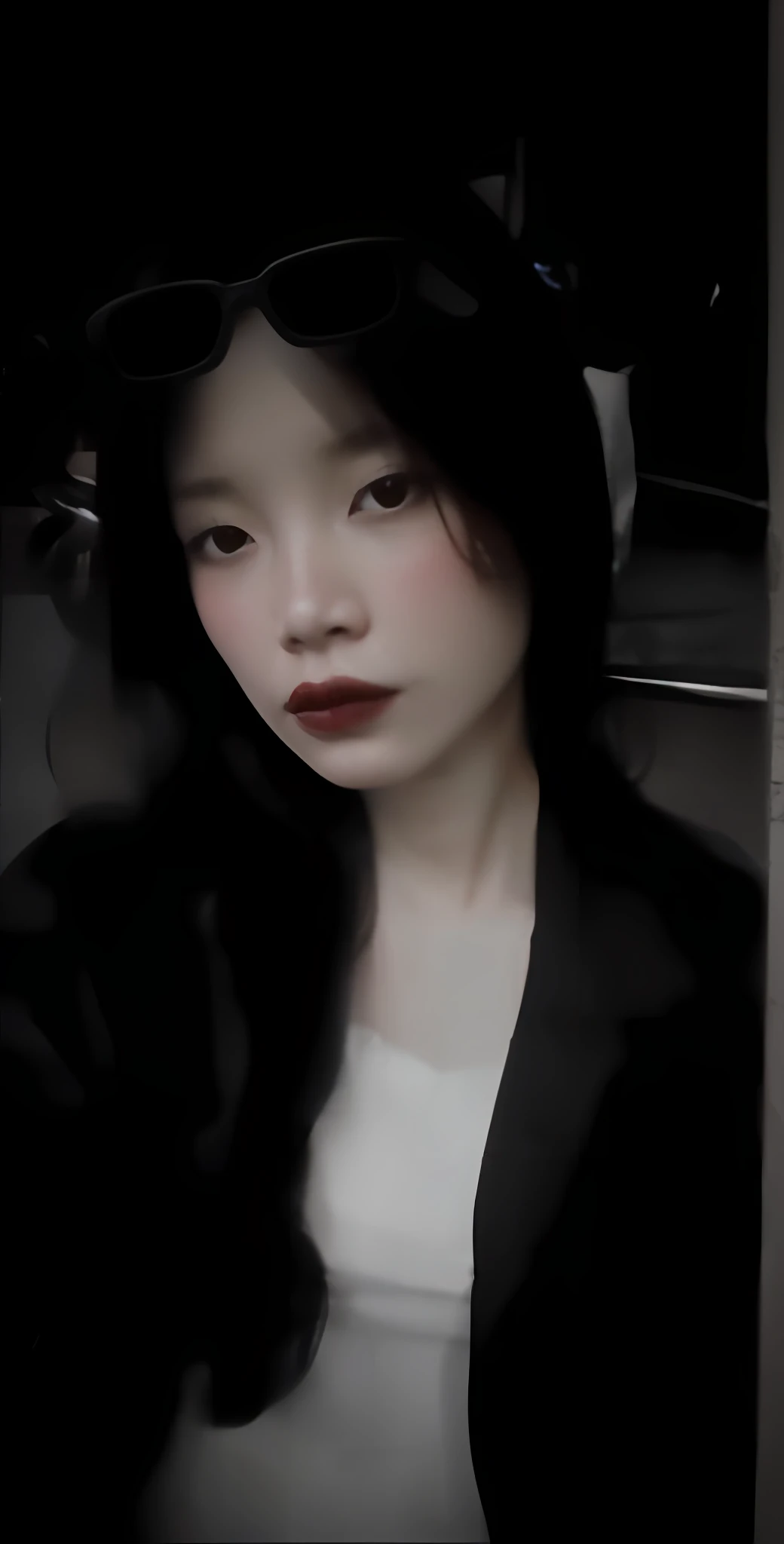 a close up of a woman with sunglasses on and a black jacket, cruel korean goth girl, ulzzang, wan adorable korean face, young adorable korean face, korean girl, young cute wan asian face, very very low quality, grainy low quality, a young asian woman, pale round face, with round face, faint red lips, gorgeous young korean woman