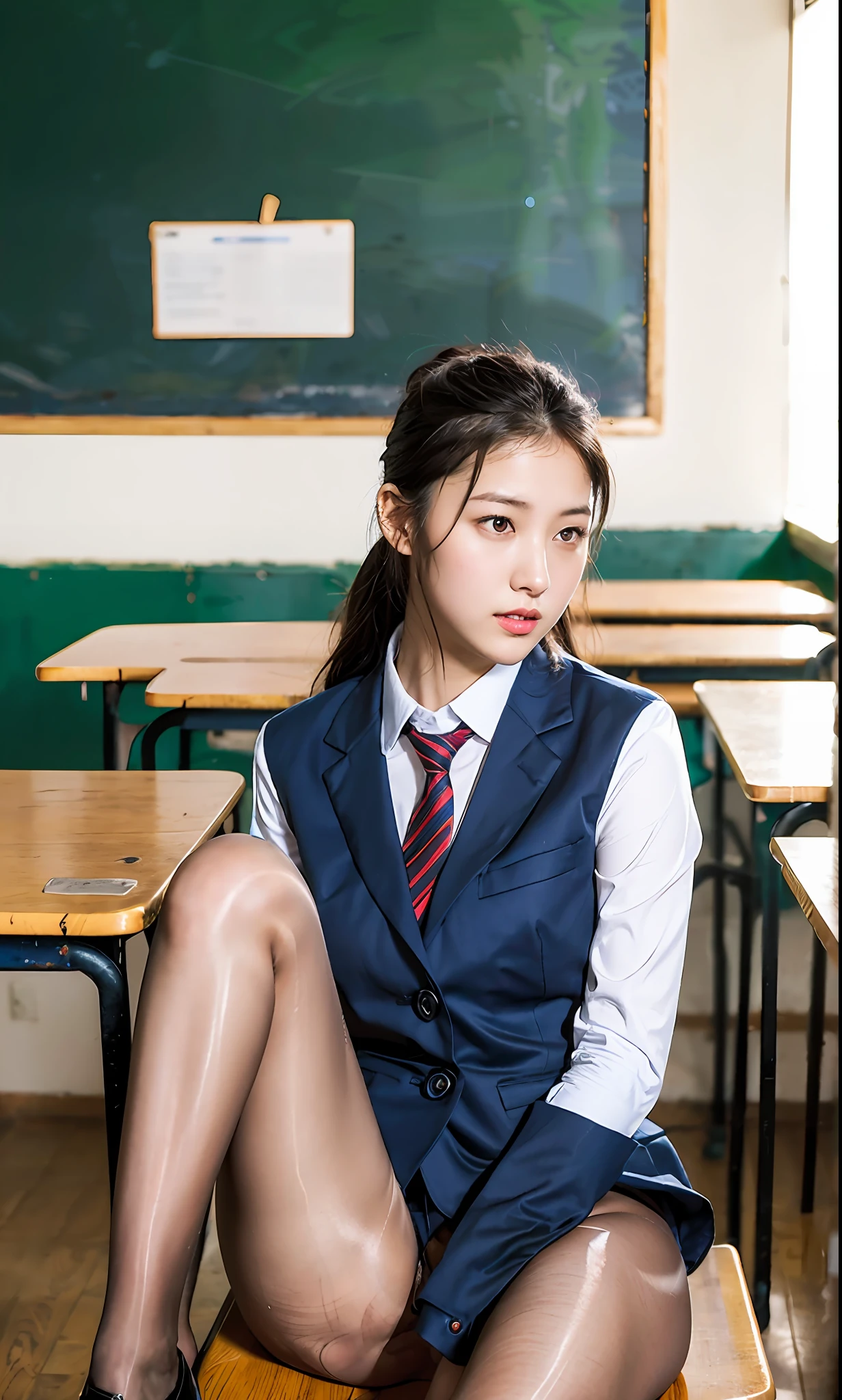 ulzzang-6500-v1.1, (raw photo:1.2), (photorealistic:1.4), beautiful detailed girl, very detailed eyes and face, beautiful detailed eyes, ridiculous, incredibly ridiculous, huge file size, super detailed, high resolution, very detailed, best quality, masterpiece, kemomimi, ((Japanese girls' high school uniform)), illustration, very detailed, CG, unified, 8k wallpaper, amazing, fine details, masterpiece, best quality, very detailed CG uniform 8k wallpaper, face light, movie lighting, 1girl, , ((dynamic pose))), (camel toe), (half), (pantyhose), (sitting in classroom))