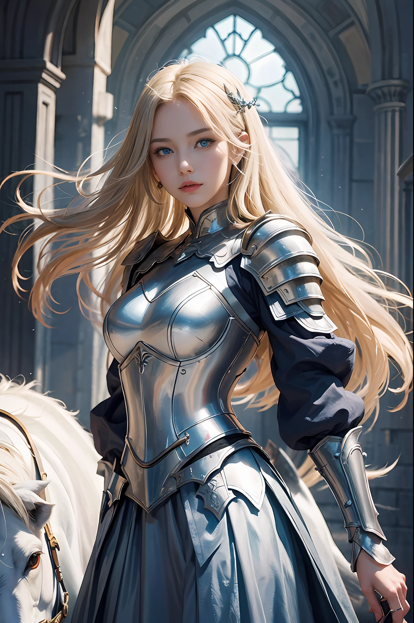 ​masterpiece, top-quality, One Young Woman Knight、Beautiful fece、Rin々Right、beautiful countenance、beautidful eyes、25-years old、Silver Half Plate and Dress Armor、Gorgeous blonde、long、Blue eyes、thoughtful、White horse、magical fantasy、in isekai、Medieval Europe、((FULL BODYSHOT))、Dynamic angles、