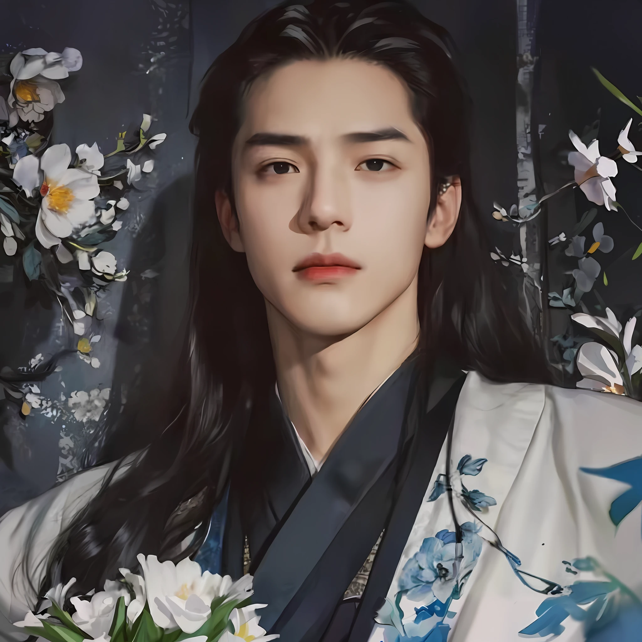 a close up of a person holding a bouquet of flowers, Cai Xukun, Inspired by Zhang Han, Beautiful androgynous prince, Inspired by Seki Dosheng, inspired by Wu Daozi, Hanfu, Delicate androgynous prince, Inspired by Bian Shoumin, inspired by Gu An, inspired by Wu Bin, yanjun cheng, Handsome prince