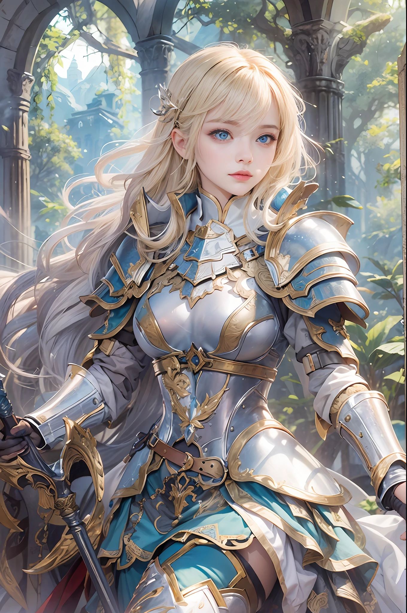 ​masterpiece, top-quality, One Young Woman Knight、Beautiful fece、Rin々Right、beautiful countenance、beautidful eyes、25-years old、Silver Half Plate and Dress Armor、Gorgeous blonde、long、Blue eyes、thoughtful、White horse、magical fantasy、in isekai、Medieval Europe、((FULL BODYSHOT))、Dynamic angles、