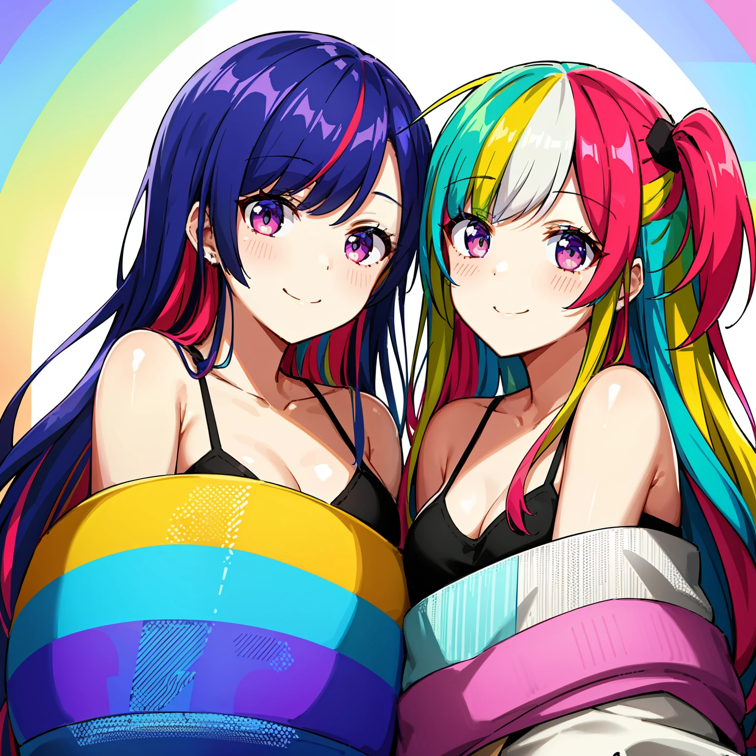 超A high resolution, nffsw, Best aesthetic, Best Quality, masutepiece, a couple,The best smile, rainbow hair, multicolored hair, rainbow eyes, side lights,