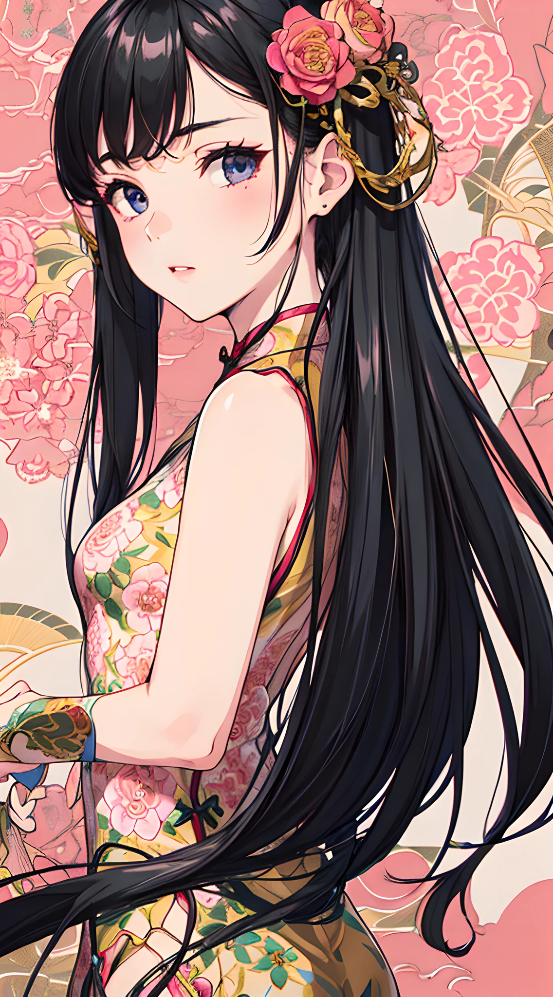 (light pink tight cheongsam, cinch waist:1.3), (masterpiece, best quality:1.5), close up, 8k, official art, raw photo, incredibly absurdres, (detailed floral printed pattern on cheongsam:1.6), asian oriental floral background, looking at viewer, thin arm, thin waist, film grain, chromatic aberration, sharp focus, facelight, (smile:0.6), clear lighting, detailed eyes and face, (black long hair:1.4)