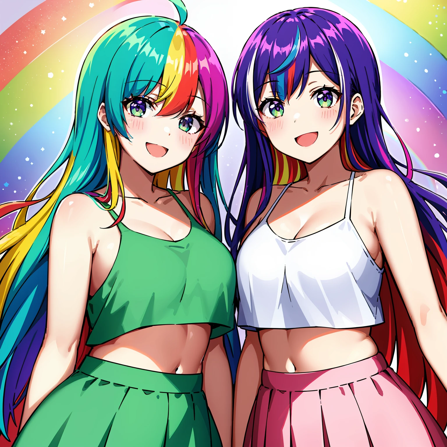 超A high resolution, nffsw, Best aesthetic, Best Quality, masutepiece, a couple,The best smile, rainbow hair, multicolored hair, rainbow eyes, side lights,