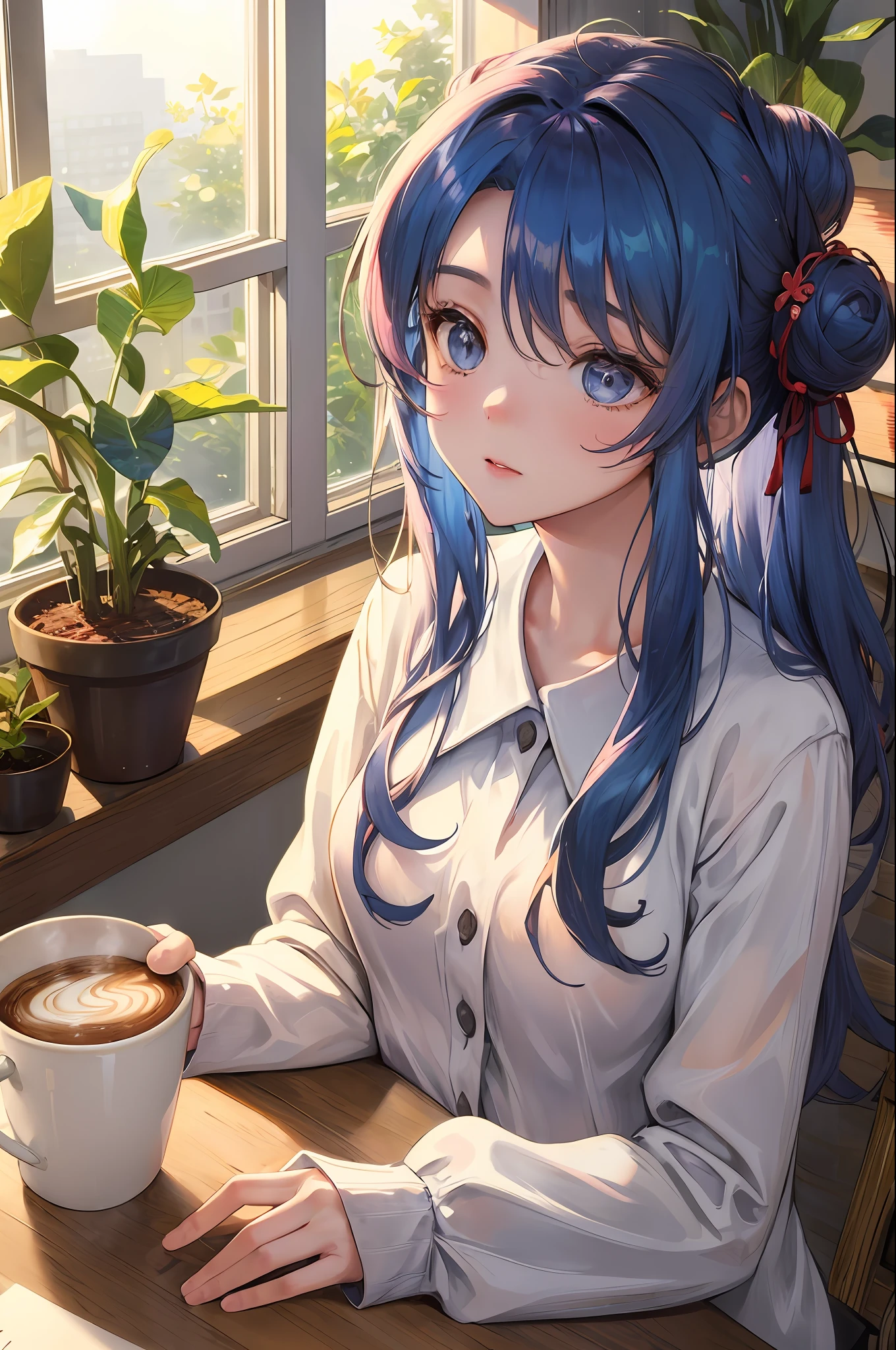 Kizi, kawa, coffeehouse, desks, Messy buns, straw, rays of sunshine, window, cozily, peacful, florals, aesthetics, downy, Life slices, unwind, morning, rcasual, peacful,Plump breasts, warm atmosphere, steamy, peace, daydream, aromatic, latte art, nerds, Plants in pots, SakuraNS, Be red in the face, contemplative, gentleness, delicated, whimsically, Blue hair, komono, Wave pattern
