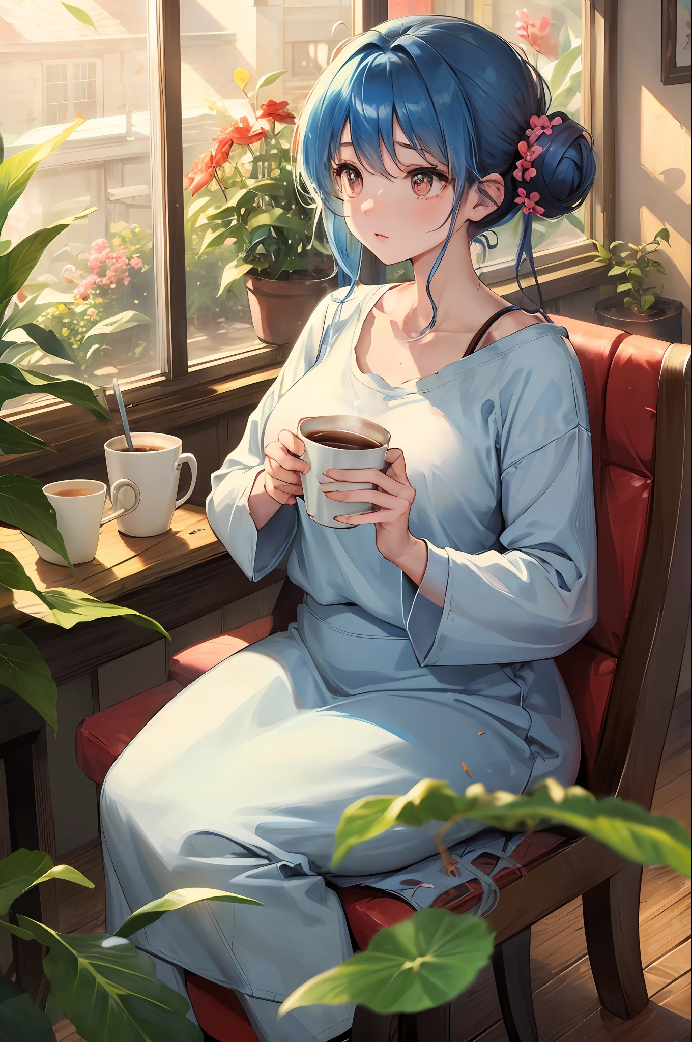 Kizi， kawa， coffeehouse， desks， Messy buns， straw， rays of sunshine， window， cozily， peacful， florals， aesthetics， downy， Life slices， unwind， morning， rcasual， peacful，Plump breasts， warm atmosphere， steamy， peace， daydream， aromatic， latte art， nerds， Plants in pots， SakuraNS， Be red in the face， contemplative， gentleness， delicated， whimsically， Blue hair， komono， Wave pattern