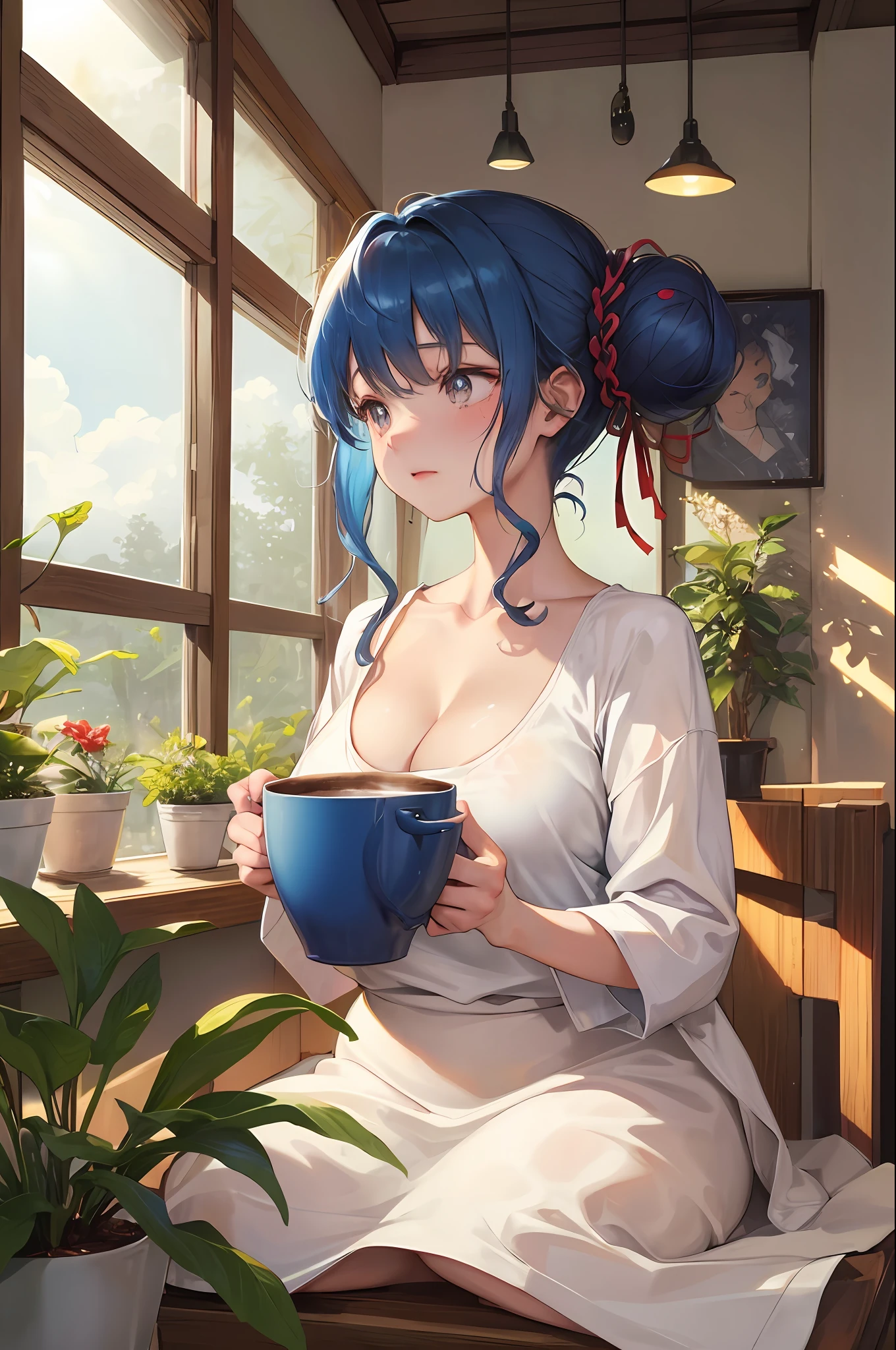 Kizi, kawa, coffeehouse, desks, Messy buns, straw, rays of sunshine, window, cozily, peacful, florals, aesthetics, downy, Life slices, unwind, morning, rcasual, peacful,Plump breasts, warm atmosphere, steamy, peace, daydream, aromatic, latte art, nerds, Plants in pots, SakuraNS, Be red in the face, contemplative, gentleness, delicated, whimsically, Blue hair, komono, Wave pattern