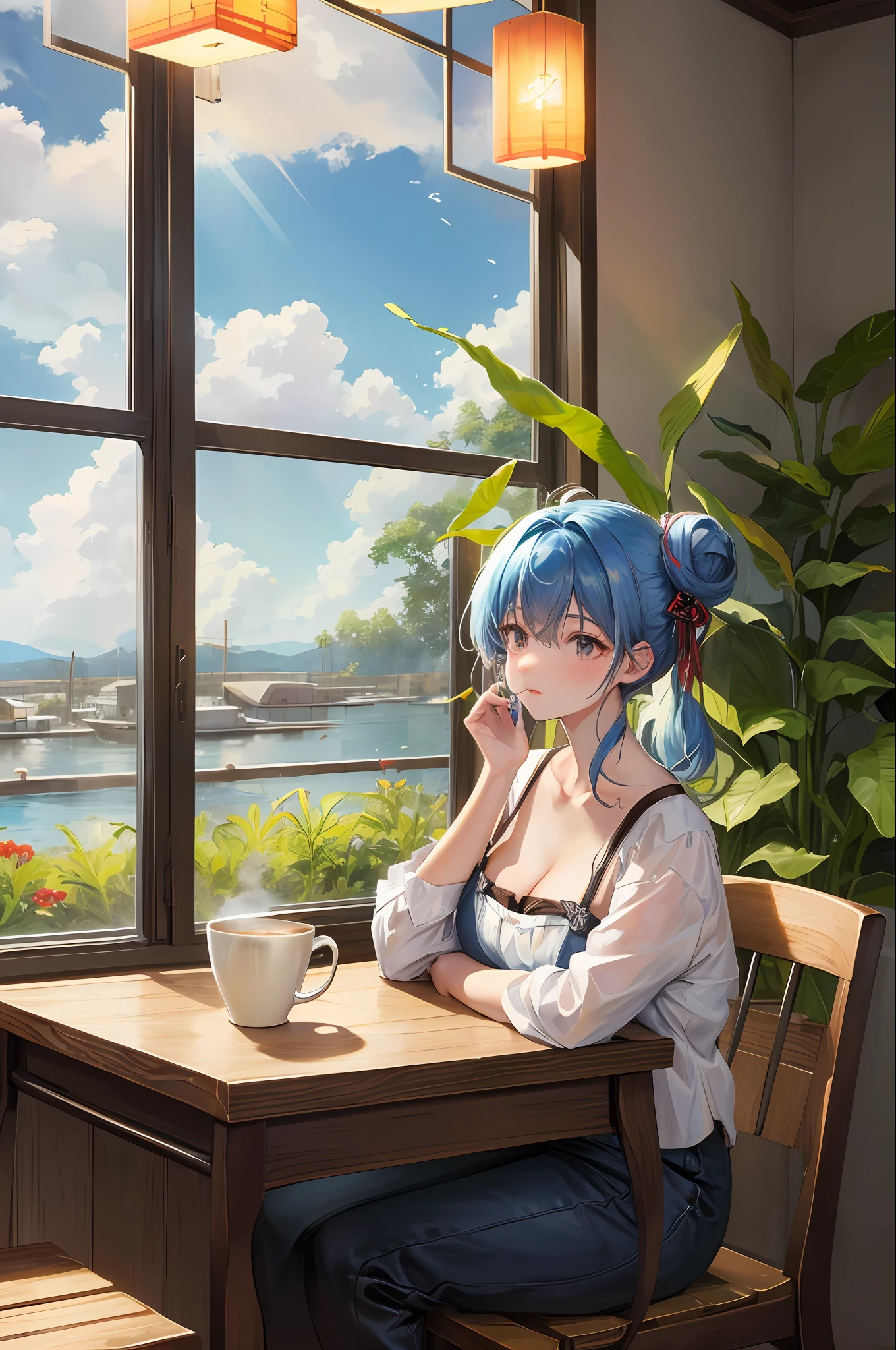 Kizi， kawa， coffeehouse， desks， Messy buns， straw， rays of sunshine， window， cozily， peacful， florals， aesthetics， downy， Life slices， unwind， morning， rcasual， peacful，Plump breasts， warm atmosphere， steamy， peace， daydream， aromatic， latte art， nerds， Plants in pots， SakuraNS， Be red in the face， contemplative， gentleness， delicated， whimsically， Blue hair， komono， Wave pattern