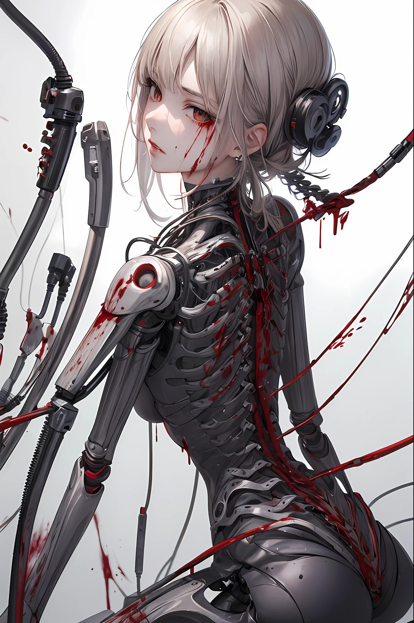 (masterpiece, top quality, best quality, official art, beautiful and aesthetic:1.2), (1girl:1.3), extreme detailed,colorful,highest detailed ((ultra-detailed)), (highly detailed CG illustration), ((an extremely delicate and beautiful)),(from side),cinematic light,((1mechanical girl)),solo,full body,(machine made joints:1.2),((machanical limbs)),(blood vessels connected to tubes),(mechanical vertebra attaching to back),((mechanical cervial attaching to neck)),(sitting),expressionless,(wires and cables attaching to neck:1.2),(wires and cables on head:1.2)(character focus),science fiction,white background,(blood:1.5)
