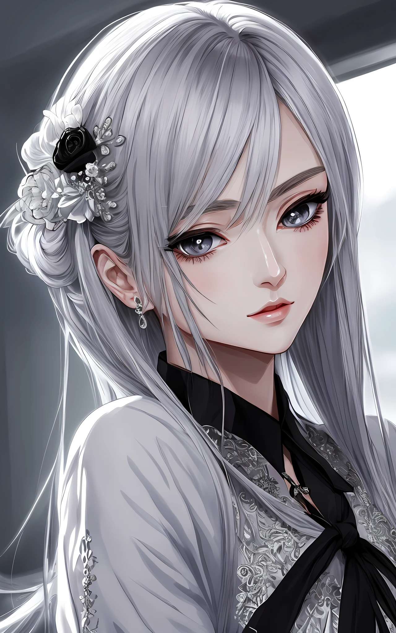 Anime Touch Style、Beautiful woman like a fashion model、a closeup、portlate、Beautiful, Moisturized black eyes、Beautiful silver hair without hair ornaments, hight resolution, top-quality, masterpiece, 8k wallpaper、 One Person、