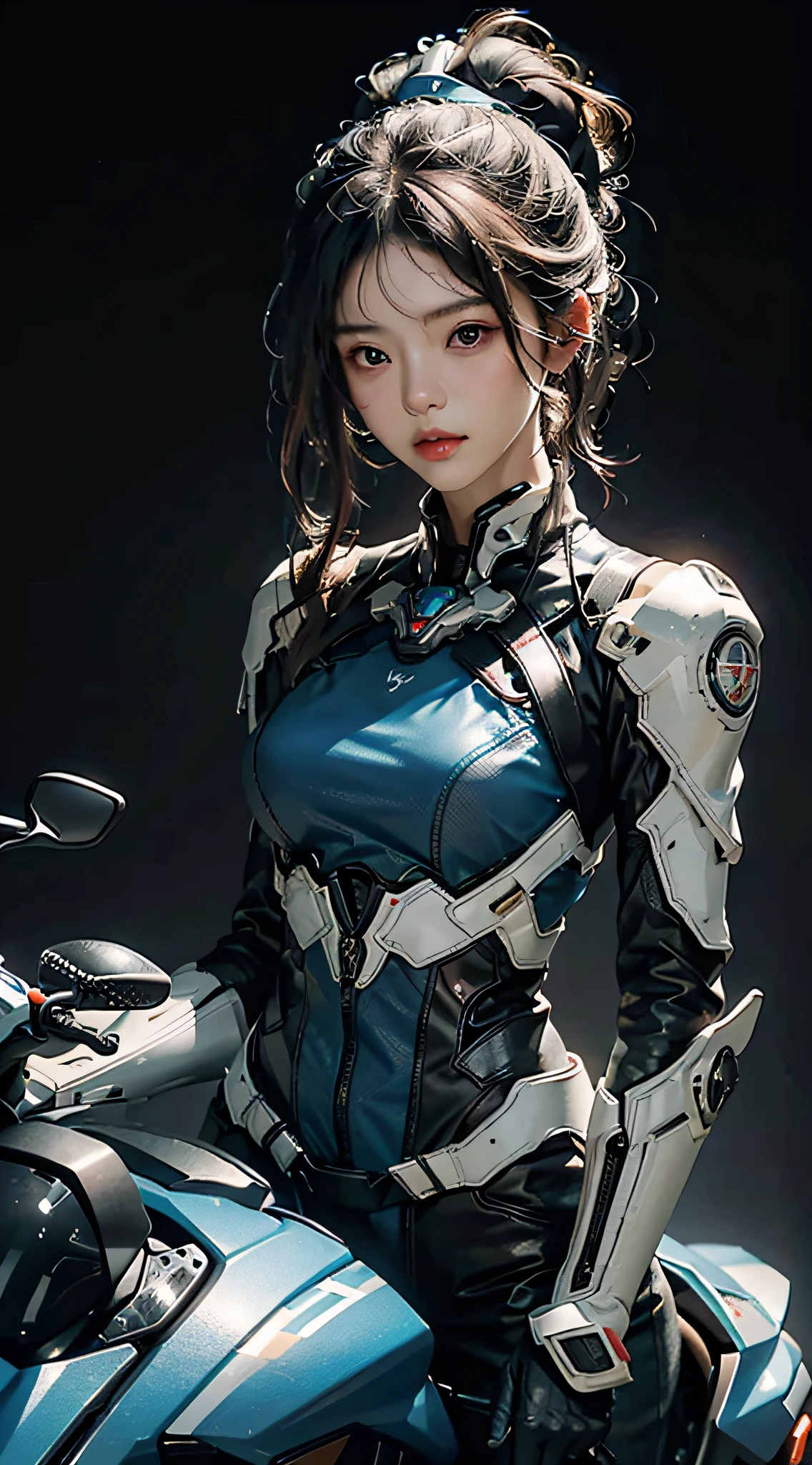 Highest image quality,Outstanding details,超高分辨率,(Fidelity:1.4),The best illustration,Favor the details,Highly cohesive 1girl,He has a delicate and beautiful face,The body of a silver-gray mech,Hold the direction controller,Riding on a motorcycle,The background is a high-tech lighting scene in the future city。