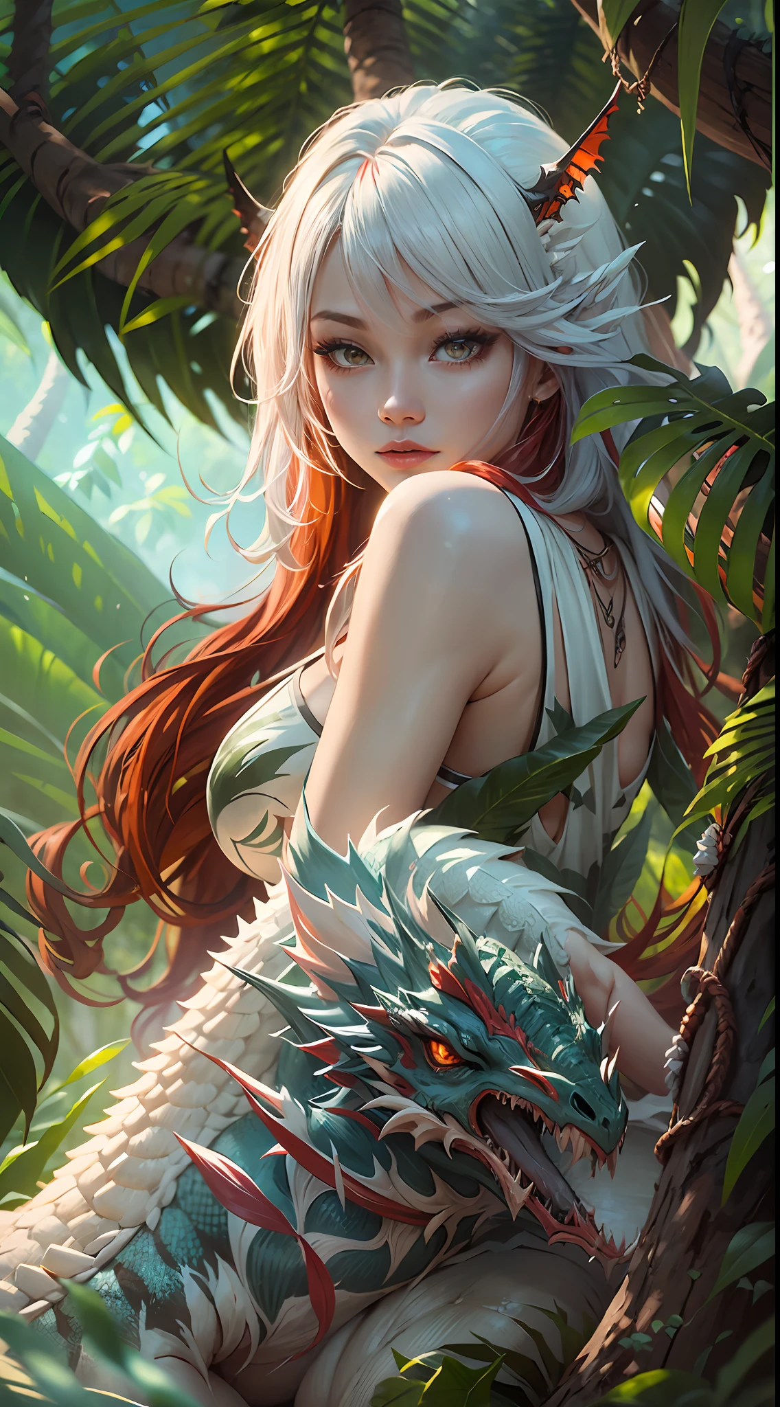 Girl riding a white dragon,Kizi:1.5,beautiful red eye,Long red hair,High-resolution face,Sexy jungle costume,Giant tree in the jungle,Colorful sunshine,Masterpiece,Best quality,8K,insanely details,Intricate details,ultra - detailed,hyper qualit,High detail,Ultra detailed。