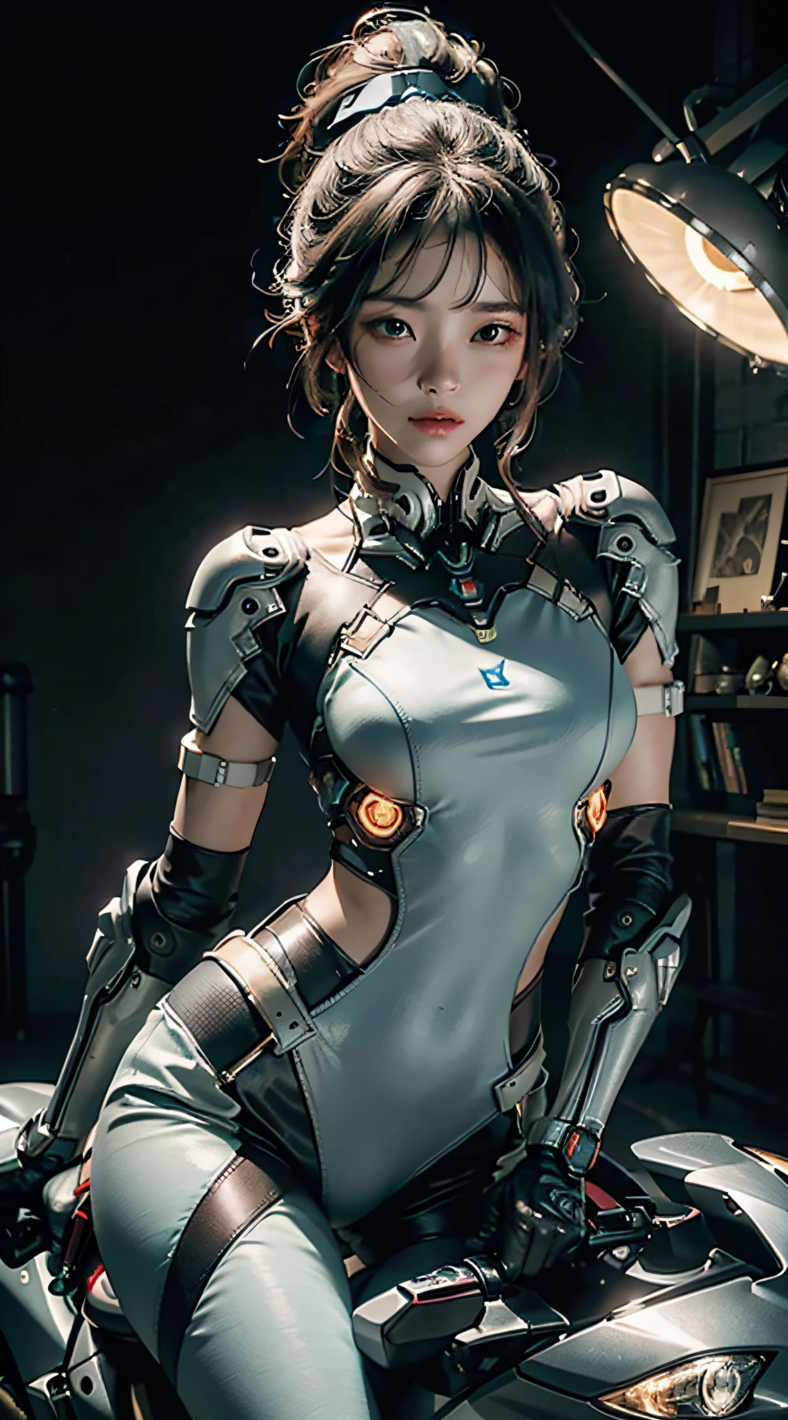 Highest image quality,Outstanding details,超高分辨率,(Fidelity:1.4),The best illustration,Favor the details,Highly cohesive 1girl,He has a delicate and beautiful face,The body of a silver-gray mech,Hold the direction controller,Riding on a motorcycle,The background is a high-tech lighting scene in the future city。