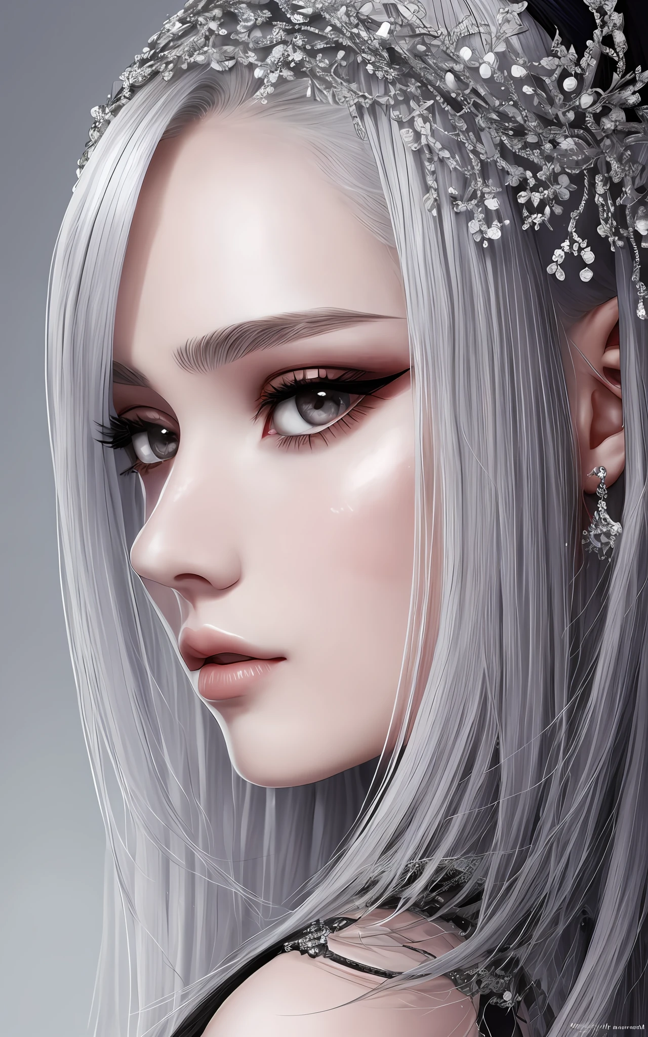 animesque、Beautiful woman like a fashion model、a closeup、portlate、Beautiful, Moisturized black eyes、Beautiful silver hair without hair ornaments, hight resolution,　top-quality, ​masterpiece, 8k wallpaper、 One Person、