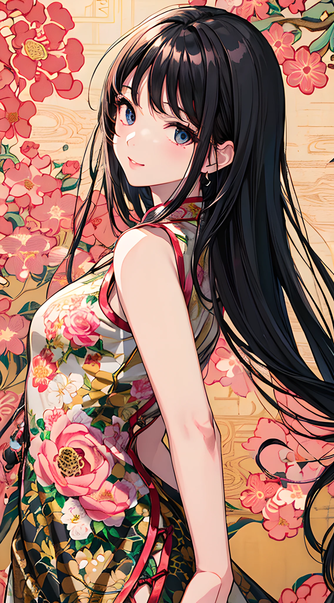 (light pink tight cheongsam, cinch waist, upper body:1.3), (masterpiece, best quality:1.5), side shot, elegance pose, 8k, official art, raw photo, incredibly absurdres, (detailed floral printed pattern on cheongsam:1.6), asian oriental floral background, looking at viewer, thin arm, thin waist, thighs, film grain, chromatic aberration, sharp focus, facelight, (smile:0.6), clear lighting, detailed eyes and face, (black long hair:1.4)