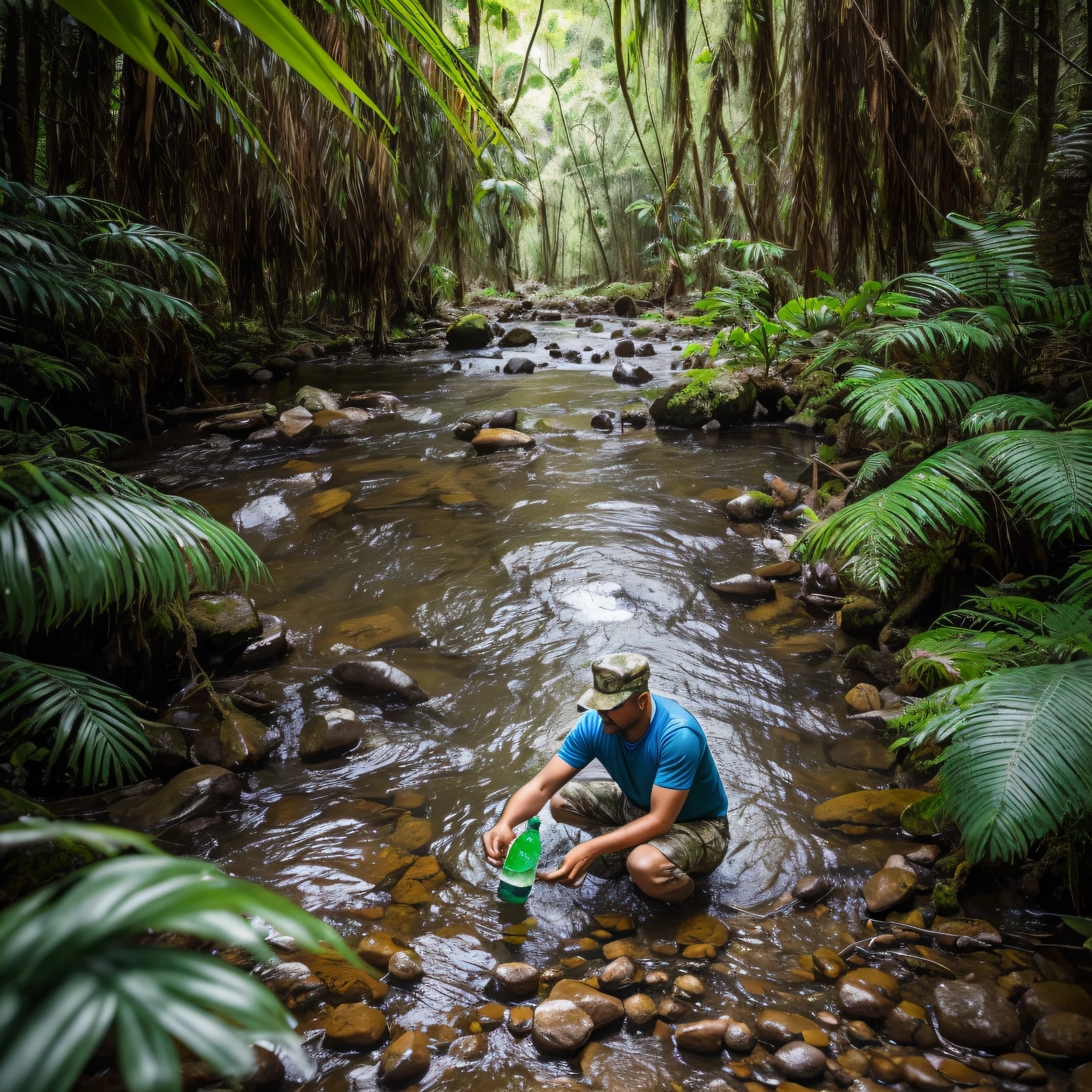 (Jungle adventure), A 40-year-old man in camouflage next to the stream is crouching on the side and scooping up the water from the stream with a plastic bottle. --auto
