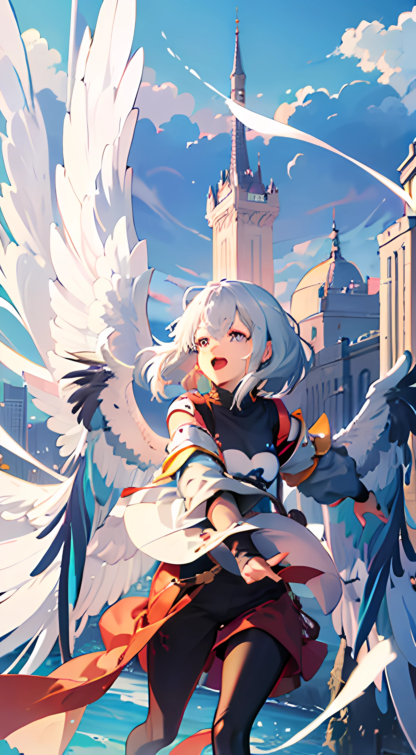 animemanga girl, Official artwork, cheerfulness, very high res, future, Official anime artwork, anime key visual, Beautiful, promo art, illustration, Vivid, offcial art , the wallpaper, Grand, Anime,key visual, Anime,Angel wings,White-haired god,Guweiz on Pixiv