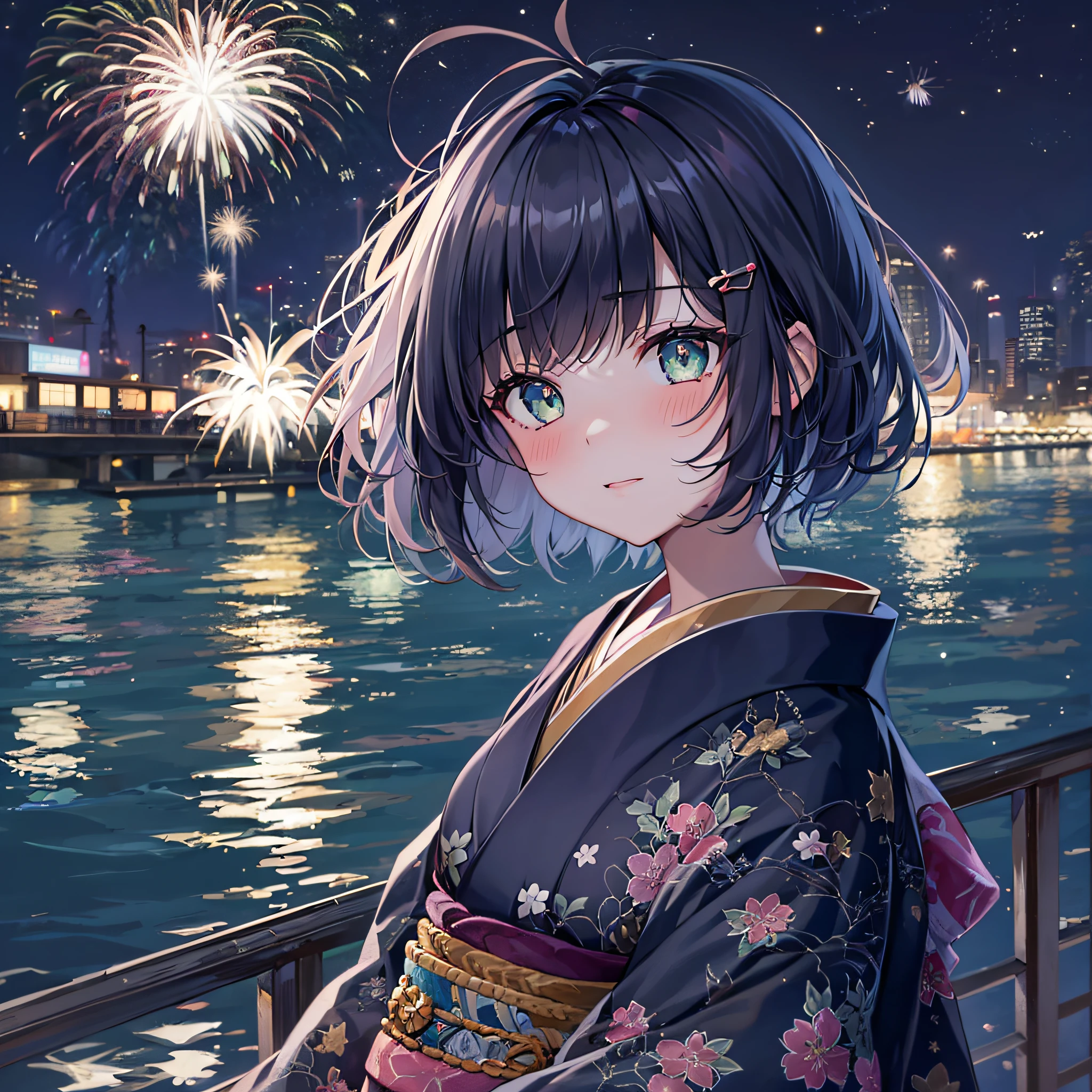 1girl,navy blue bob hair,navy green eyes,cute,blush,night,river side,firework,kimono,girlfrend,medium breast