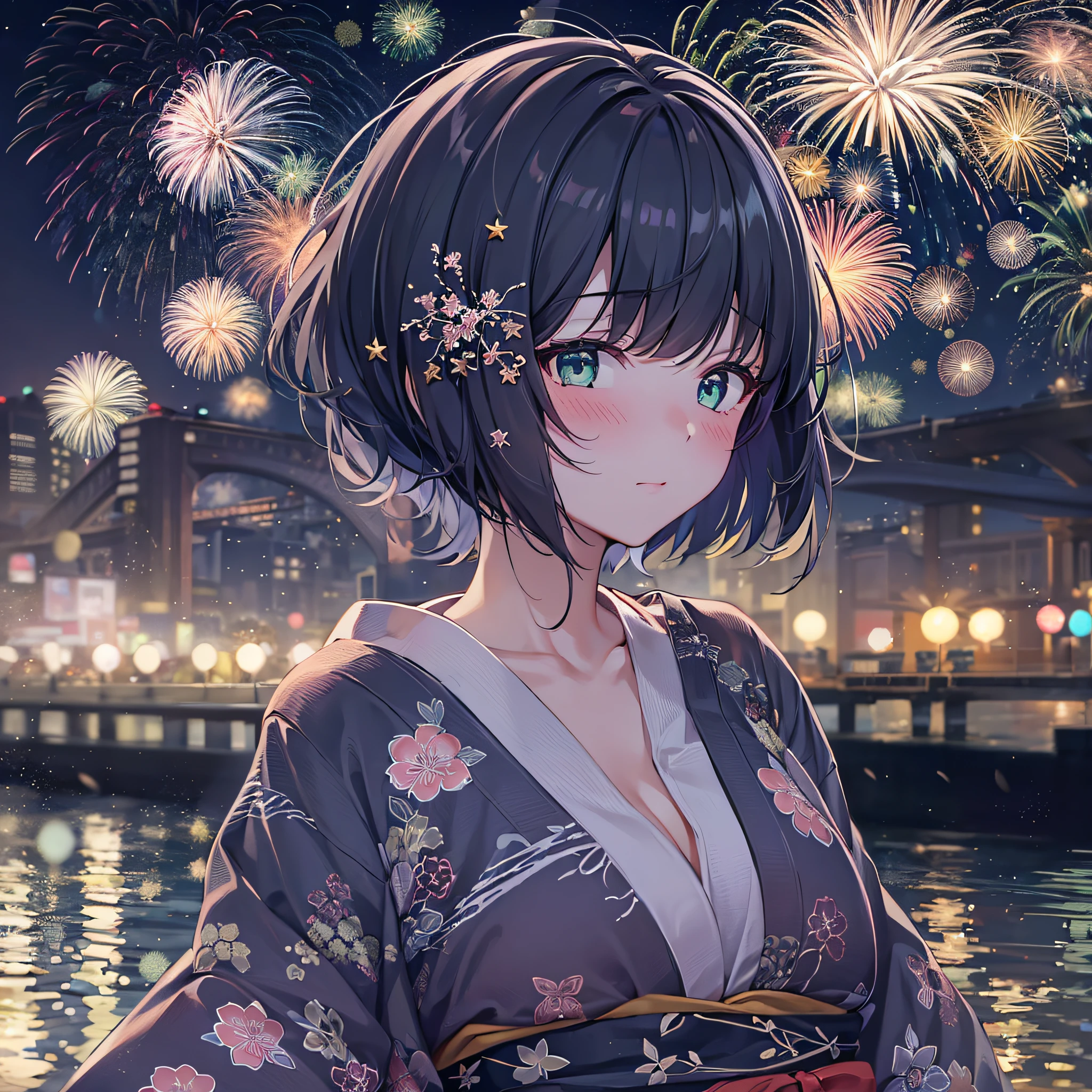 1girl,navy blue bob hair,navy green eyes,cute,blush,night,river side,firework,kimono,girlfrend,medium breast