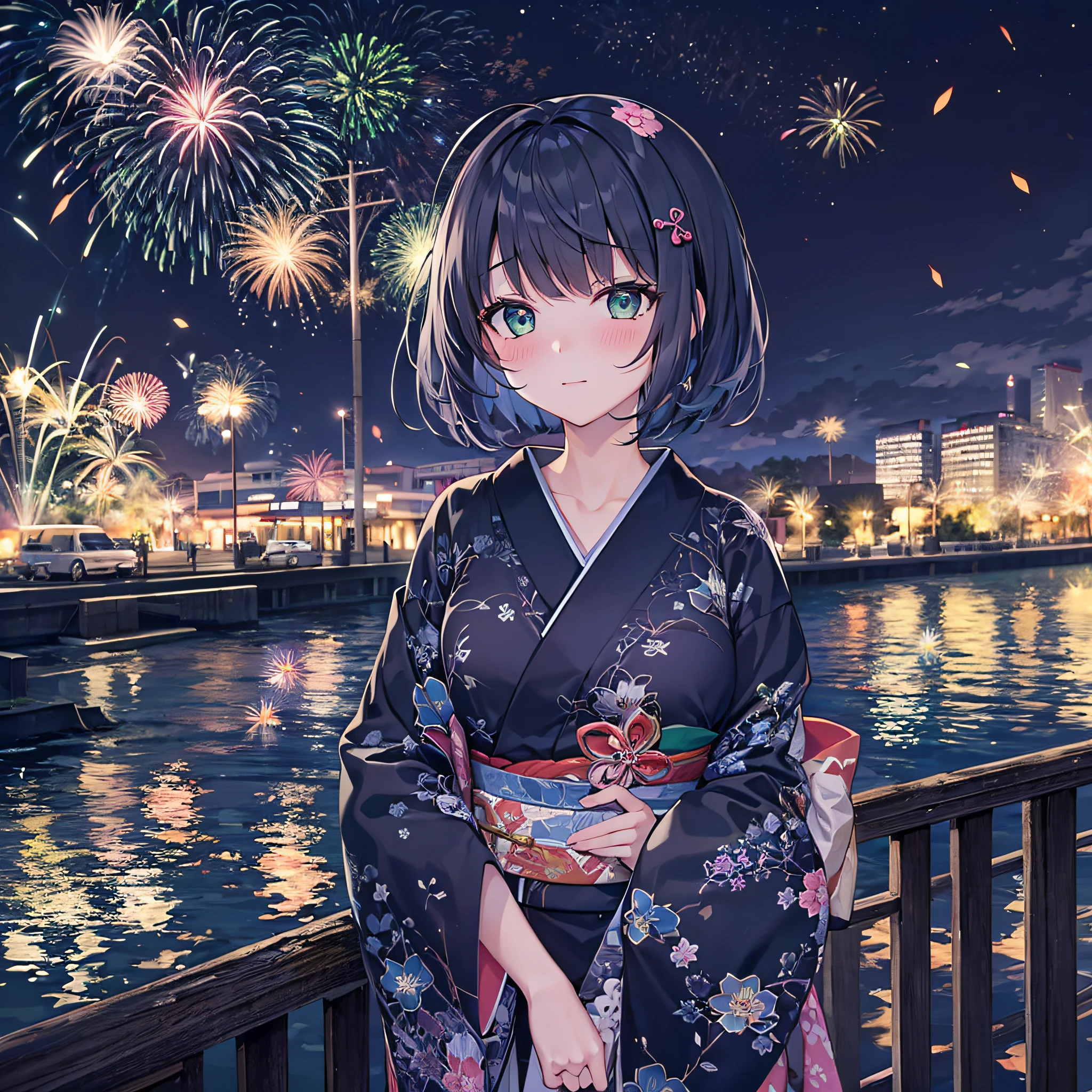 1girl,navy blue bob hair,navy green eyes,cute,blush,night,river side,firework,kimono,girlfrend,medium breast