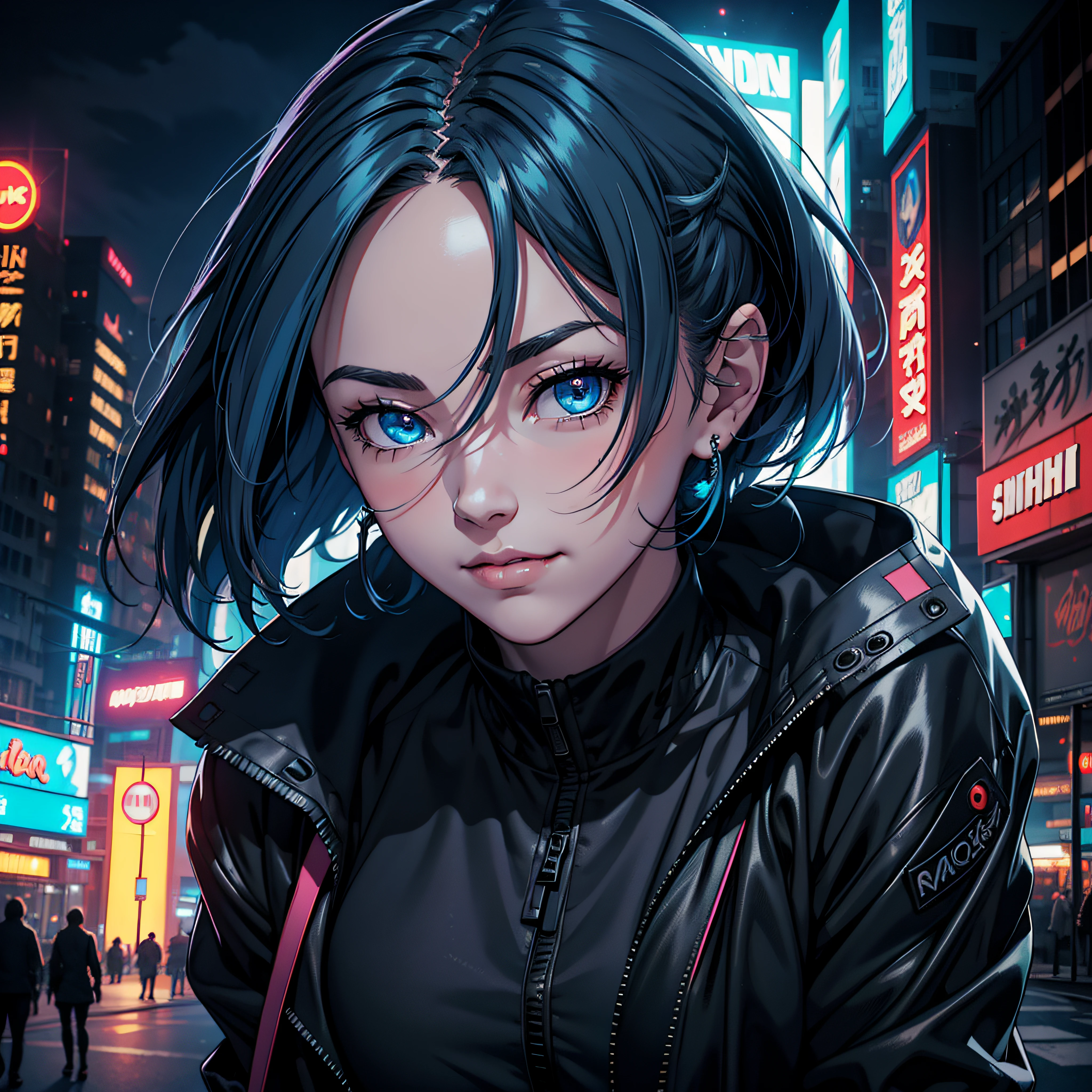 (masterpiece:1.1), (highest quality:1.1), (HDR:1.0), 1girl, solo (detailed face+eyes), dress, building, city, jacket, baggy pants, looking at viewer, night, night_sky, outdoors, road, shirt,short blue hair, hair down, sky, skyscraper, smirk, starry_sky, a cute girl standing on a street, cyberpunk, reflective, metal, (black), 8K, hyper focus, full color, cinematic, shine, neon lights, underglow, emissive, (serious), (by josan gonzalez), (by Alan Shuptrine:1.3), racing, to scale, close up, (face focus:1.2), detailed face, (cinematic movie:1.2)