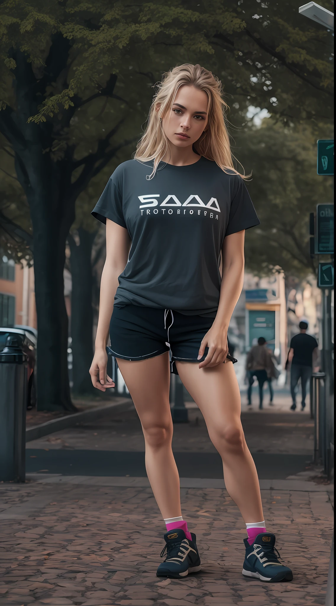 Beautiful Swedish university student, loira, ((magra)), corpo inteiro, em roupa t-shirt e shorts nylon, do lado de fora na rua, ((magro, pequeno)), fotorrealista, foto, obra-prima, realista, realismo, fotorrealismo, alto contraste, Photorealistic digital art trend on Artstation 8k HD high definition realistic detail, detalhada, textura da pele, hiperdetalhada, textura realista da pele, olhos perfeitos, olhos detalhados, armadura, melhor qualidade, ultra high-resolution, (fotorrealista: 1.4), alta resolução, detalhada, foto crua, sharp re, by Lee Jeffries Nikon D850 Film Stock Photography 4 Camera Kodak Portra 400 Lens F1.6 colors rich hyper realistic texture dramatic lighting unrealengine trend in artstation cinestill 800, RAW.