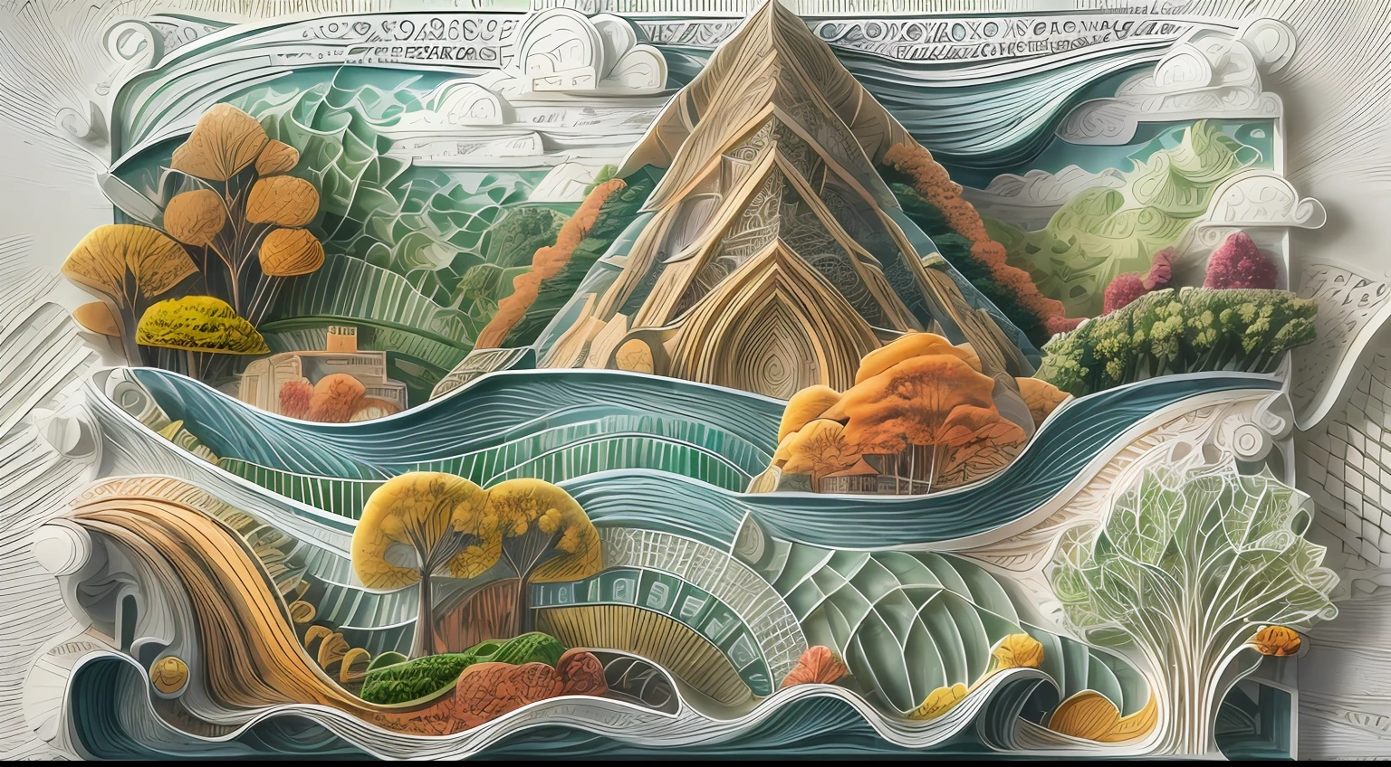 in fall，with blue sky and white clouds，Green Mountains and Green Water，terraced，bumper harvest，White background，paper art，a 3D render，extremely detaile,  (zentangle:1.2), (geomerty:1.2)，Cinematic lighting effects，4K，Masterpiece，offcial art