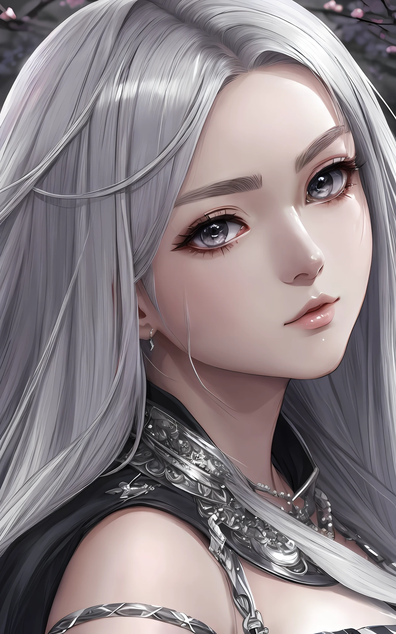 anime styled、A woman so beautiful that it catches the eye of others、a closeup、portlate、Beautiful, Moisturized black eyes、Beautiful silver hair without hair ornaments, hight resolution, top-quality, masterpiece, 8k wallpaper、 One Person、