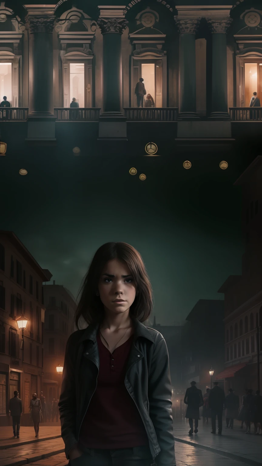 ((Portada de una novela)), In the foreground is a sad ager and behind her a mob boy, son dos personas, dramatic, oscuro, retrato, bathed in lights, misterioso, with cinematic style, In the background is Rome