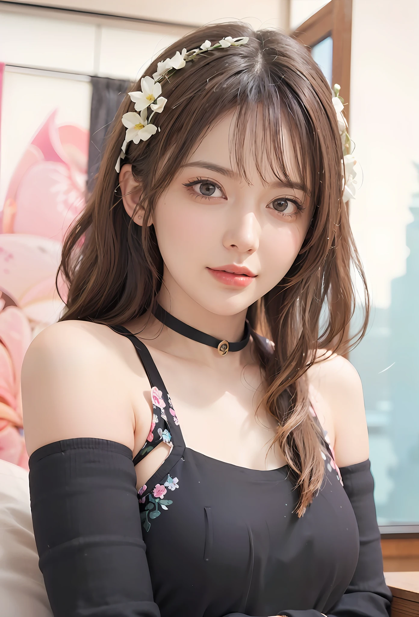 (((Flowers splash on the sides and background))),T-shirt design,Realisticstyle,((Soft four colors)),Cute and quirky,Fantasyart,bokeh,gentlesoftlighting,Front view of the camera,retro aesthetic, focus on the character, 4K 分辨率, photograph realistic, 动态照明, artstation, poster for, Volumetriclighting, Very detailed faces, Camera face, focus onface, Life expressions,Brown hair color