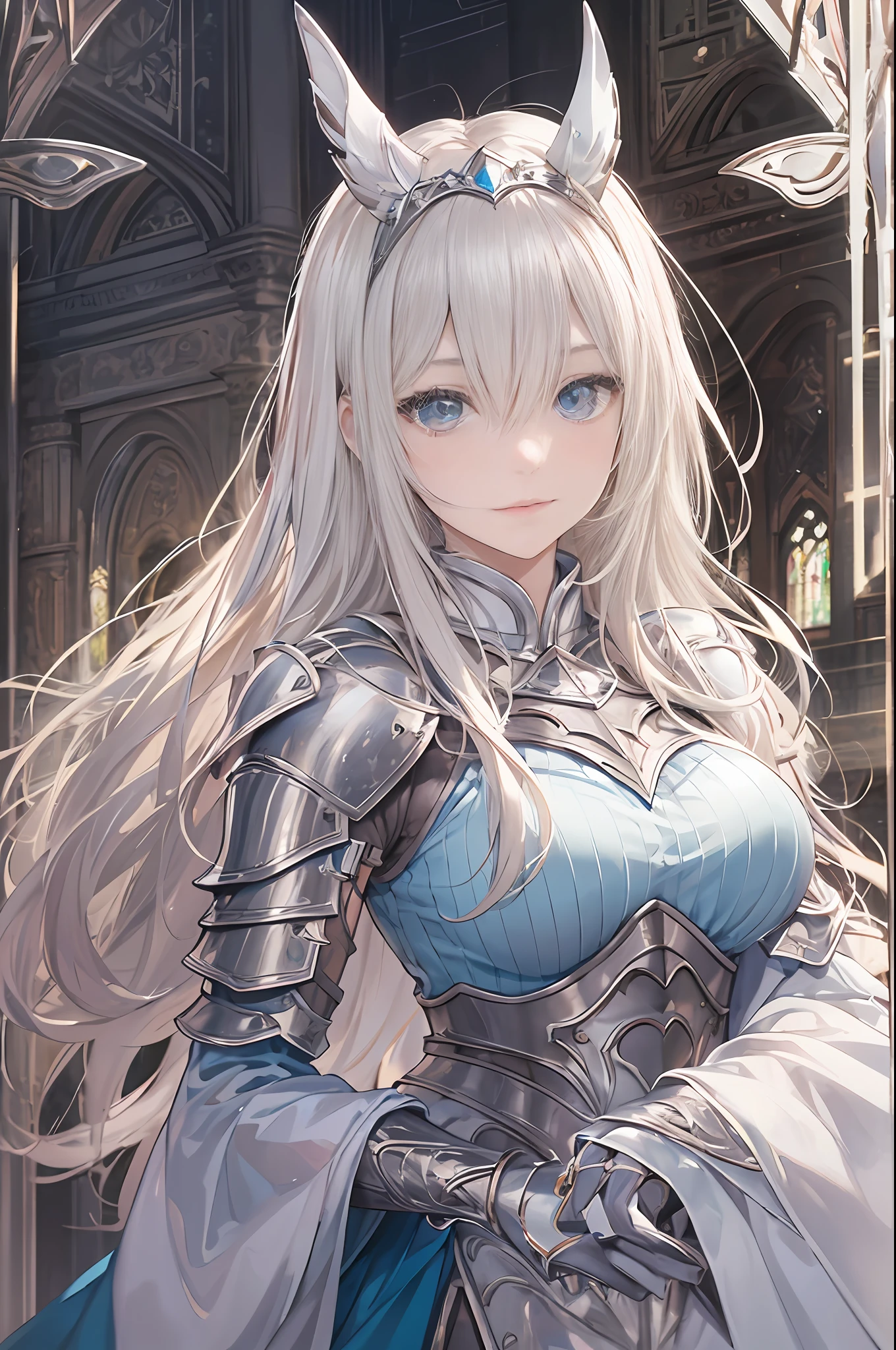 ​masterpiece, top-quality, One Young Woman Knight、Beautiful fece、Rin々Right、beautiful countenance、beautidful eyes、25-years old、Silver Half Plate and Dress Armor、Gorgeous blonde、long、Blue eyes、thoughtful、White horse、magical fantasy、in isekai、Medieval Europe、((FULL BODYSHOT))、Dynamic angles、
