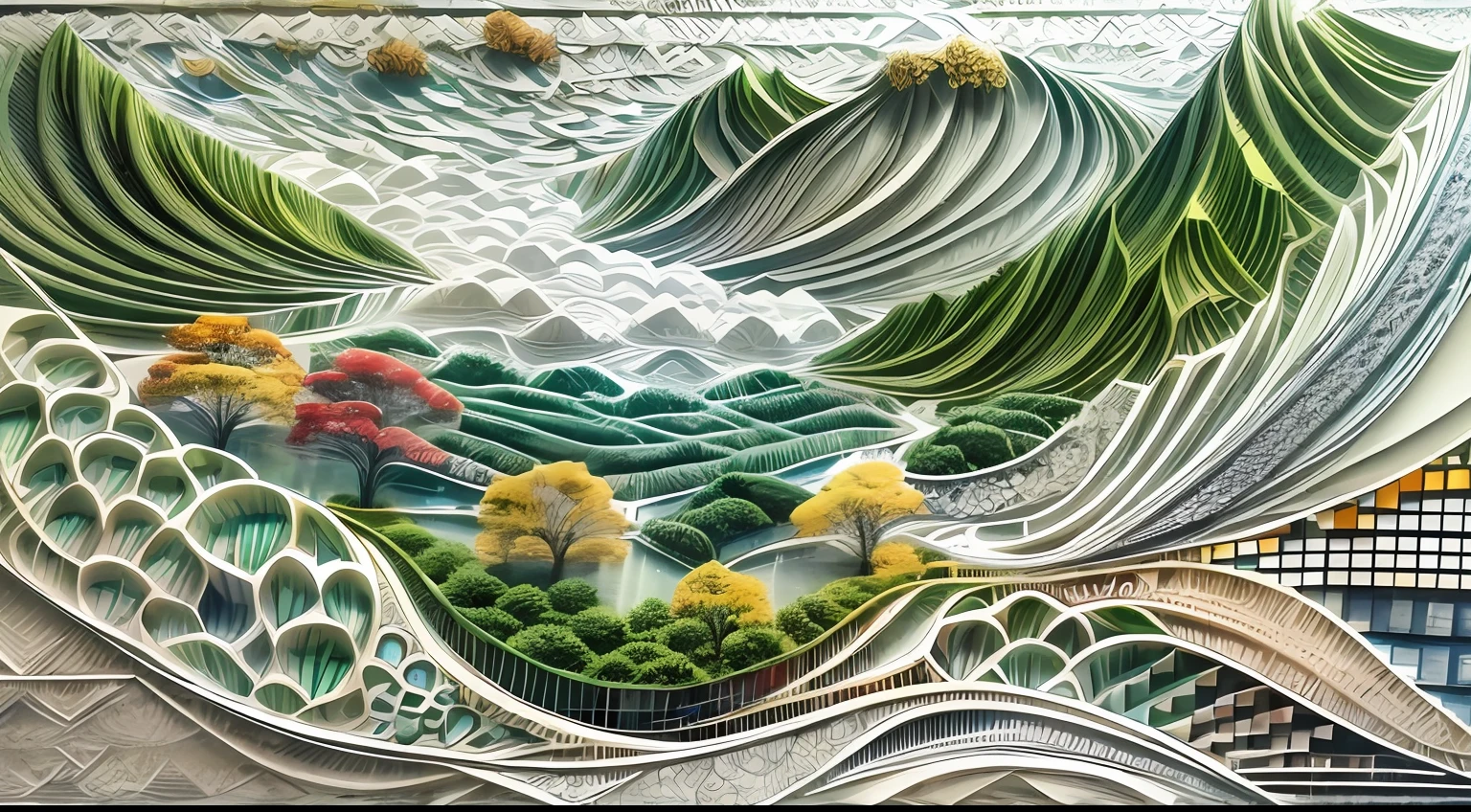 in fall,with blue sky and white clouds,Green Mountains and Green Water,terraced,bumper harvest,White background,paper art,a 3D render,extremely detaile, (zentangle:1.2), (geomerty:1.2),Cinematic lighting effects,4K,Masterpiece,offcial art