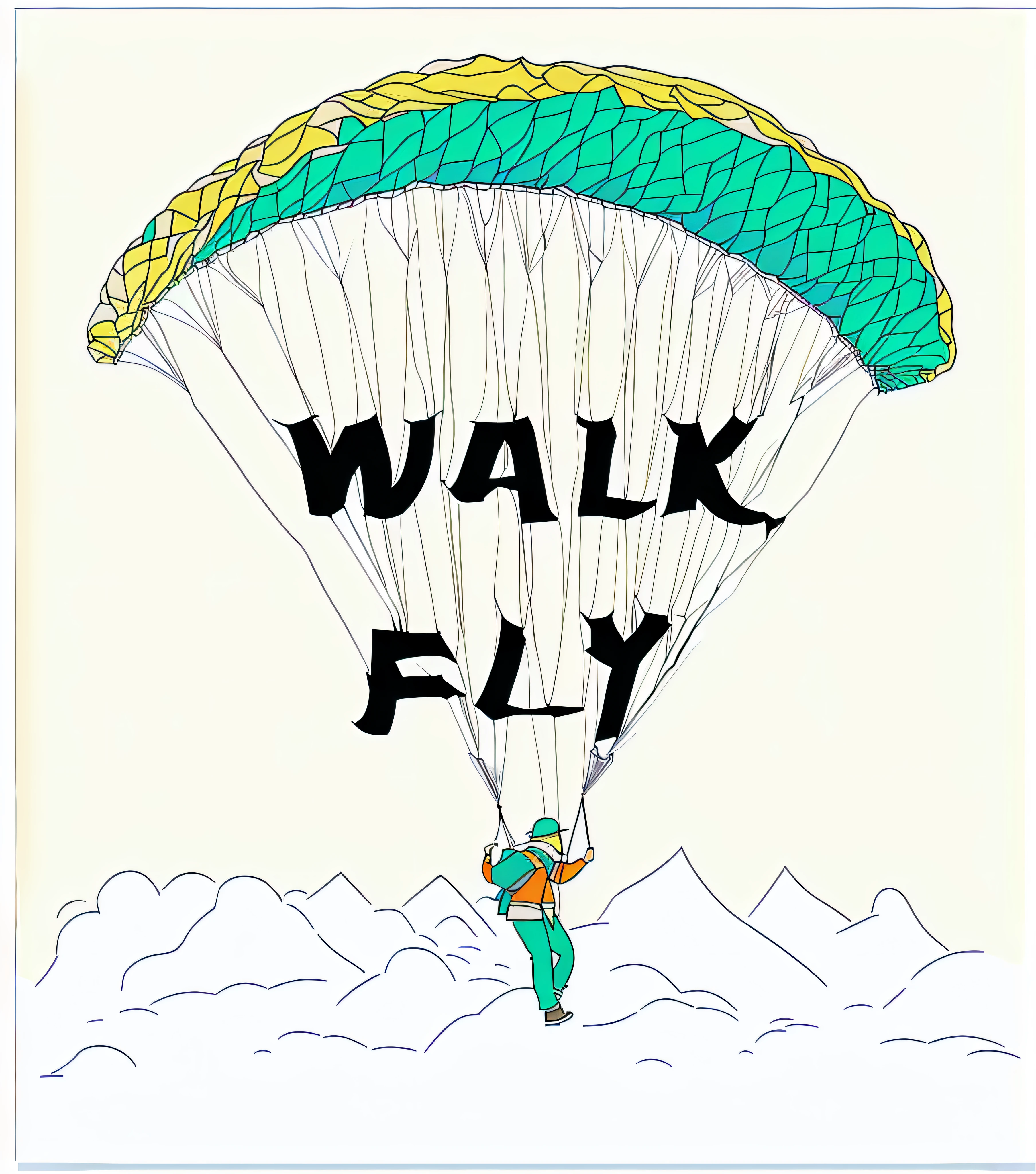 Caricature of a man flying a kite，The background is a mountain, Walk, Walking, author：Warren Mahi, Fly, Mark, author：Matthew S. Wilson, inspired by Jan Karpíšek, walkway, author：Kara Wizgara, Will, author：Valenti Vankovic, Official artwork