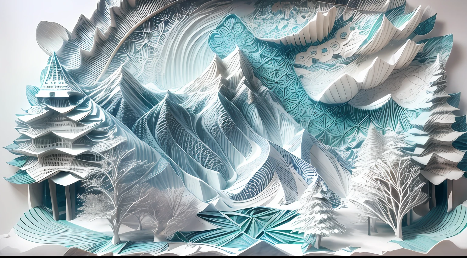 in the winter，with blue sky and white clouds，snow mountains，glacier，White background，paper art，a 3D render，extremely detaile,  (zentangle:1.2), (geomerty:1.2)，Cinematic lighting effects，4K，Masterpiece，offcial art