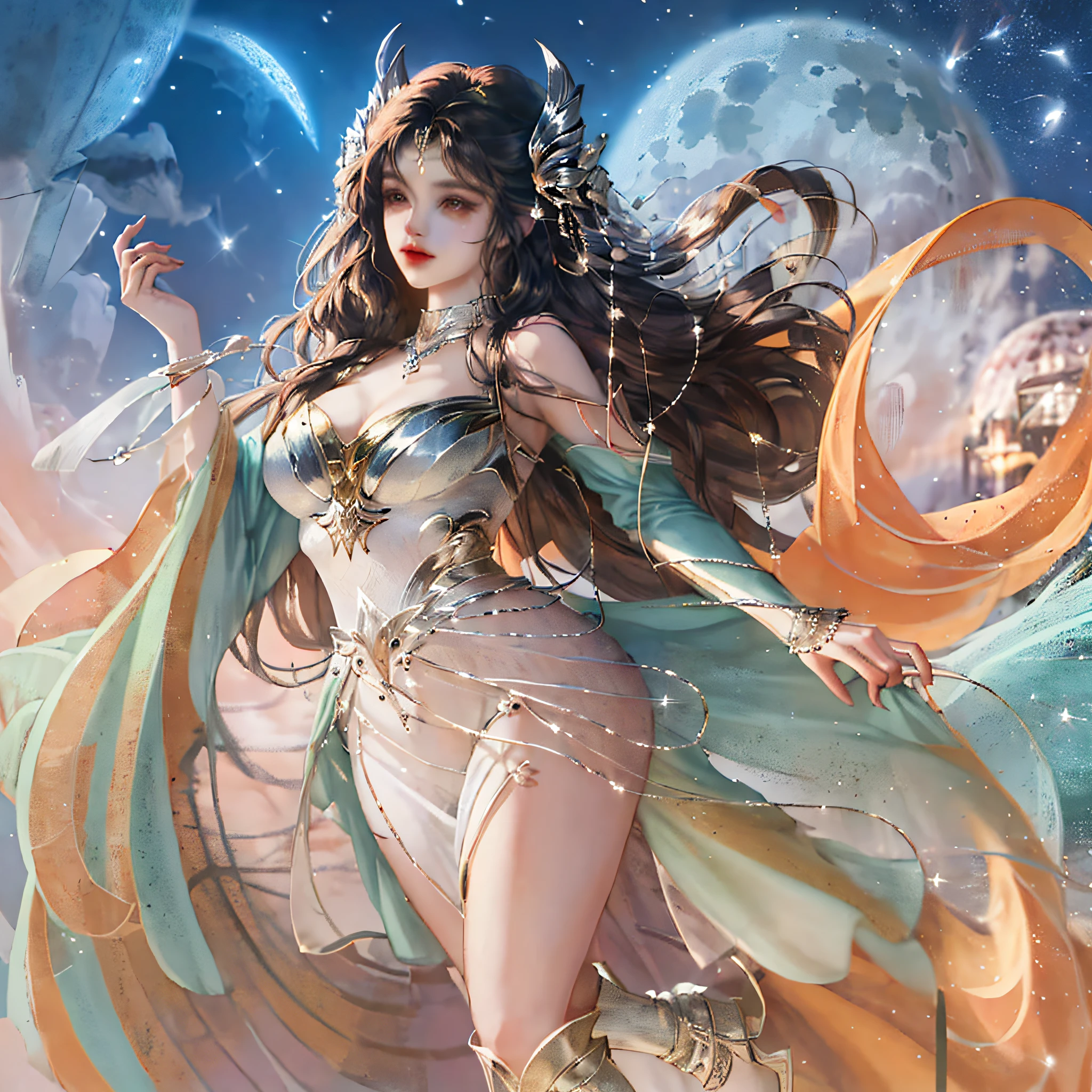 Best picture quality, amazing details, extremely detailed CG art, antique illustration as the theme, 1 Valkyrie in a light blue dress battle dress solo in the night, super sexy, through the clouds, the moon and stars dancing; Her hair and cloak fluttered in the wind, and her skirt and boots sparkled, full of mystery and romance.