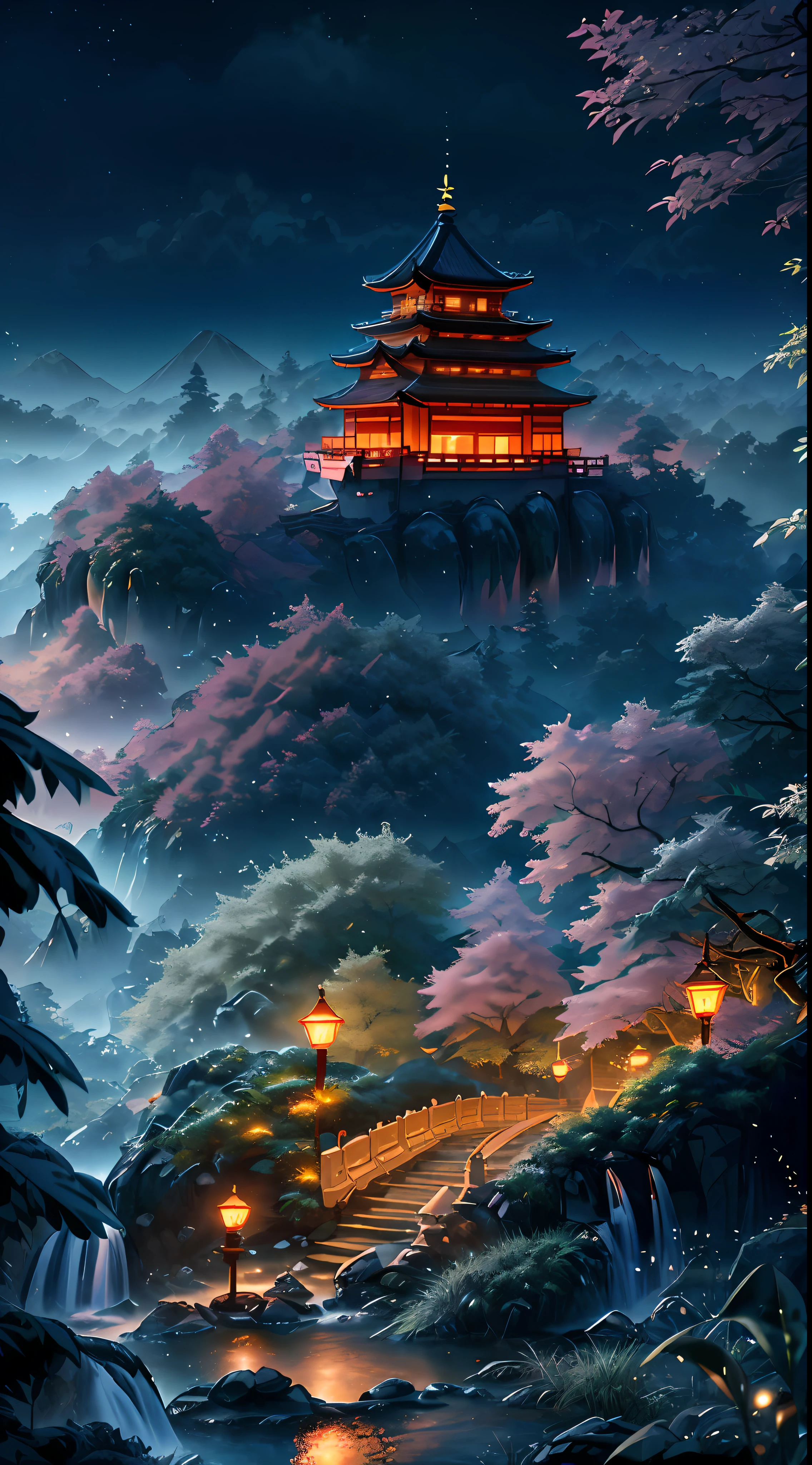 ((diffuse colors)), (( Top view, high angle view, Focal point composition)), Ancient Chinese architecture, cool colors, dark night, moon, garden, bamboo, lake, stone bridge, rockery, arch, corner, tree, running water, landscape, outdoor, waterfall, grass, rock, intense rainfall, thunderstorm, vines all around, giant and wet trees, with glowing leaves in the trees, glowing fireflies and glowing particle effects, a japanese castle at the top of a mountain, masterpiece, best quality, high quality, extremely detailed CG unity 8k wallpaper, oil paiting, award winning photography, Bokeh, Depth of Field, HDR, bloom, ,Photorealistic,extremely detailed, trending on artstation, trending on CGsociety, Intricate, High Detail, dramatic, art by midjourney, volumetric lighting
