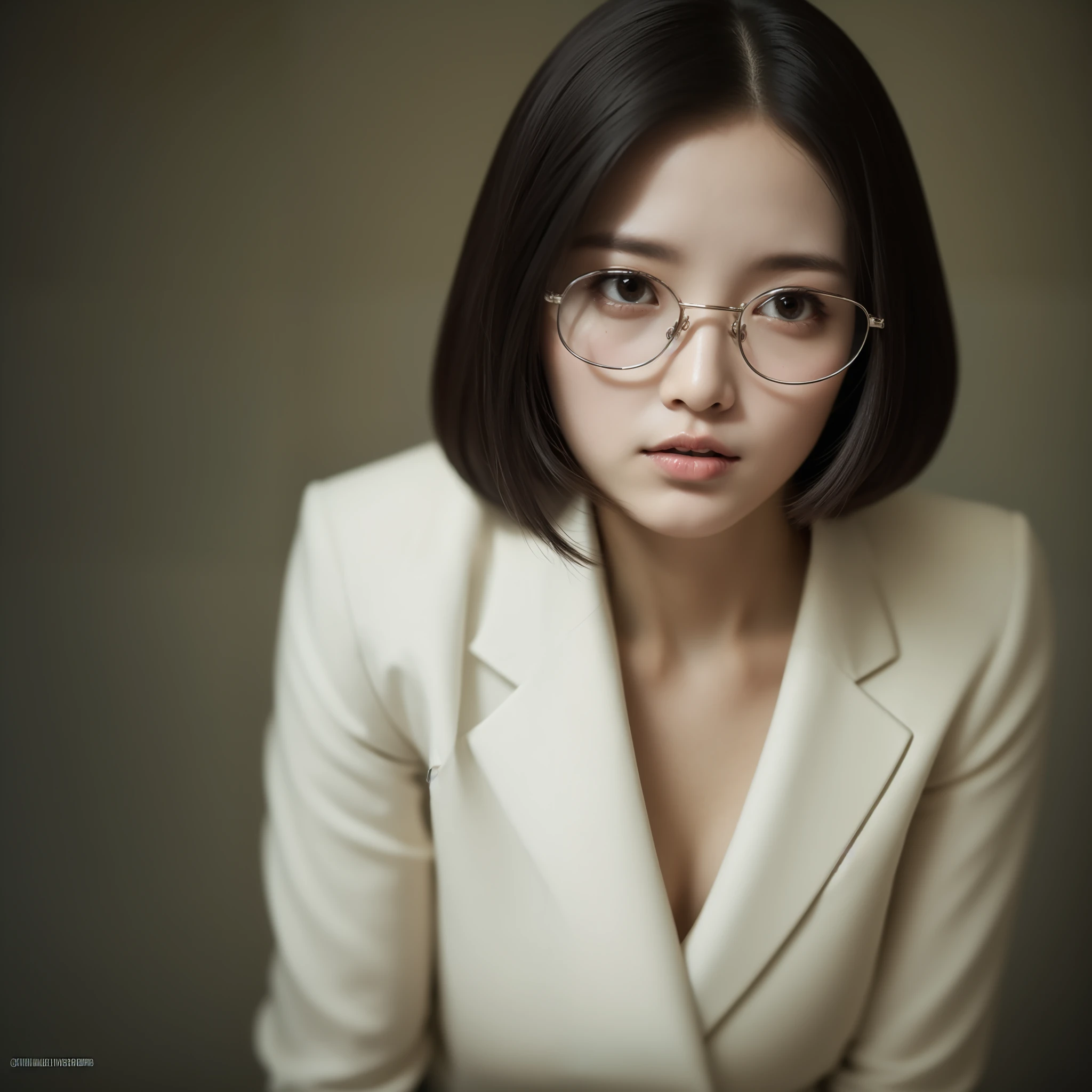 Solo, high resolution, highest quality, super high quality, super detail, ultra realistic, photorealistic, super beautiful woman, sharp slit eyes, silver glasses, shoulder length straight black hair, alluring moist lips, mysterious, enchanting, great proportion, perfect proportion, slender, full body, suits, miniskirt, room