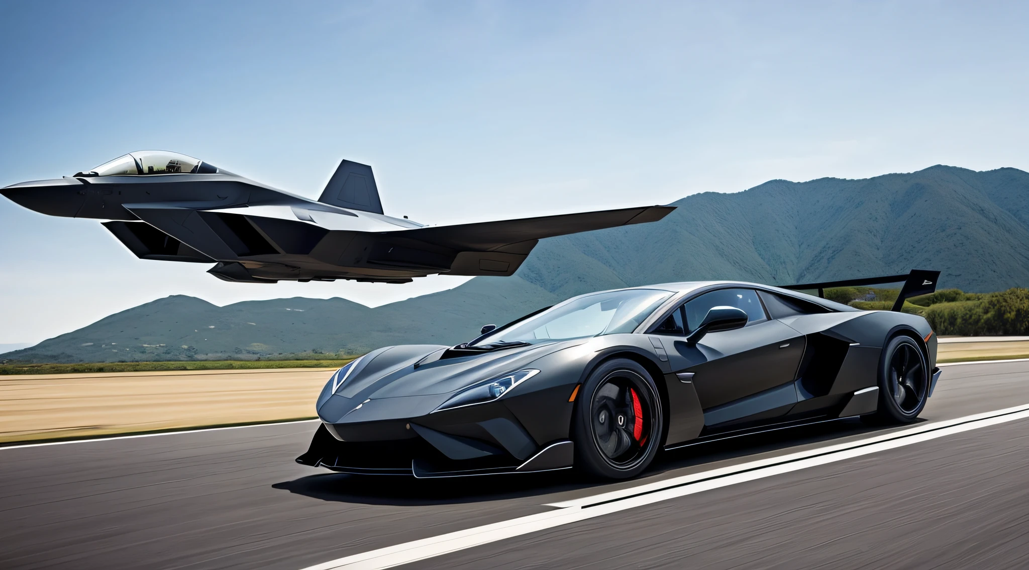 A supercar spers down the road,Rub shoulders with a stealth fighter flying at high speed in the sky,High picture quality