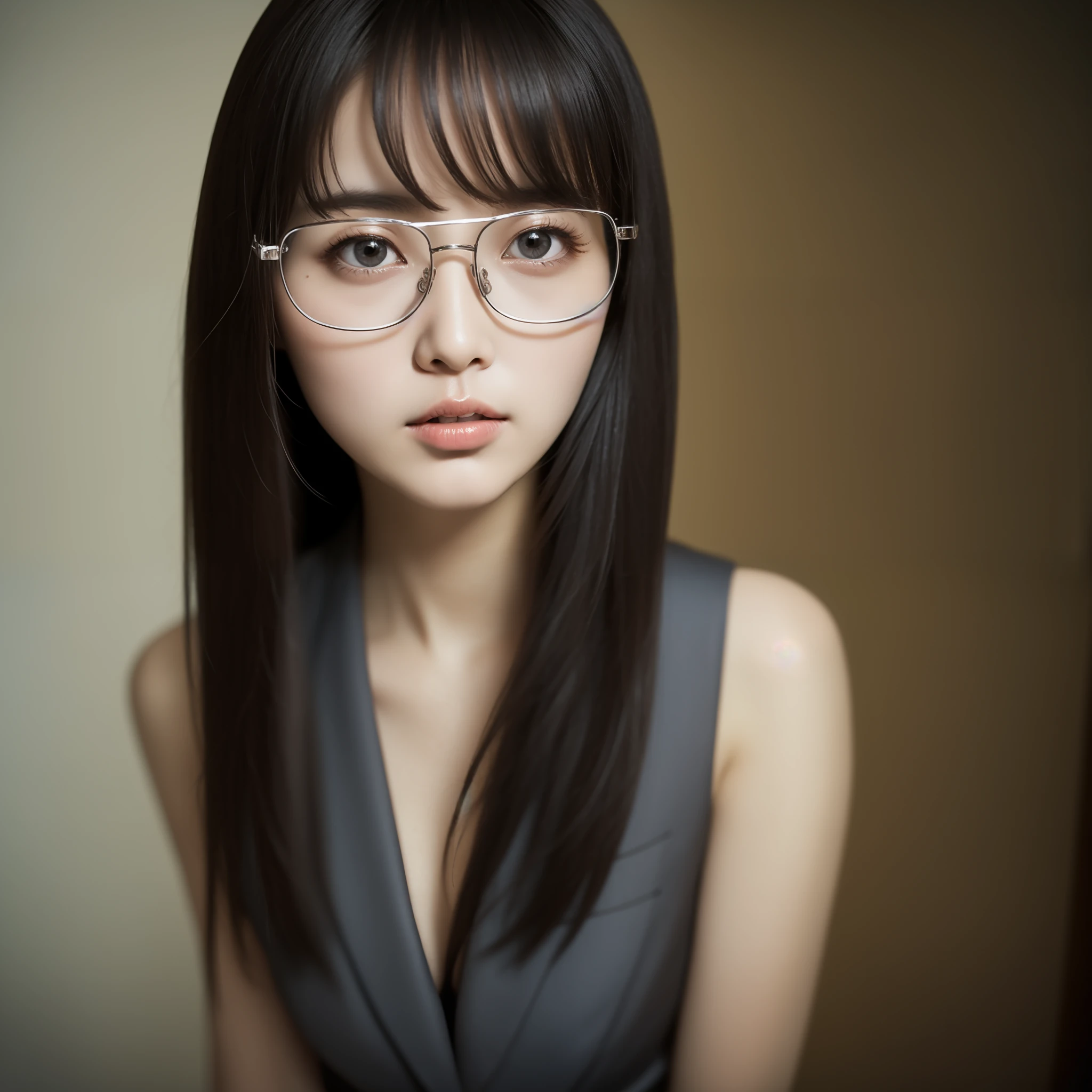 Solo, high resolution, highest quality, super high quality, super detail, ultra realistic, photorealistic, super beautiful woman, sharp slit eyes, silver glasses, shoulder length straight black hair, alluring moist lips, mysterious, enchanting, great proportion, perfect proportion, slender, full body, suits, miniskirt, room